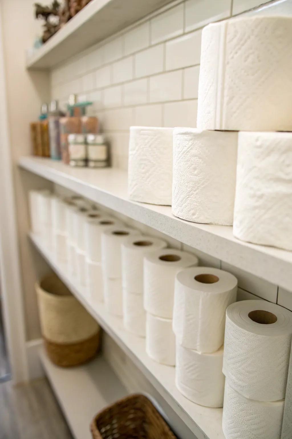 On open shelves, toilet paper storage is easily seen and accessible.