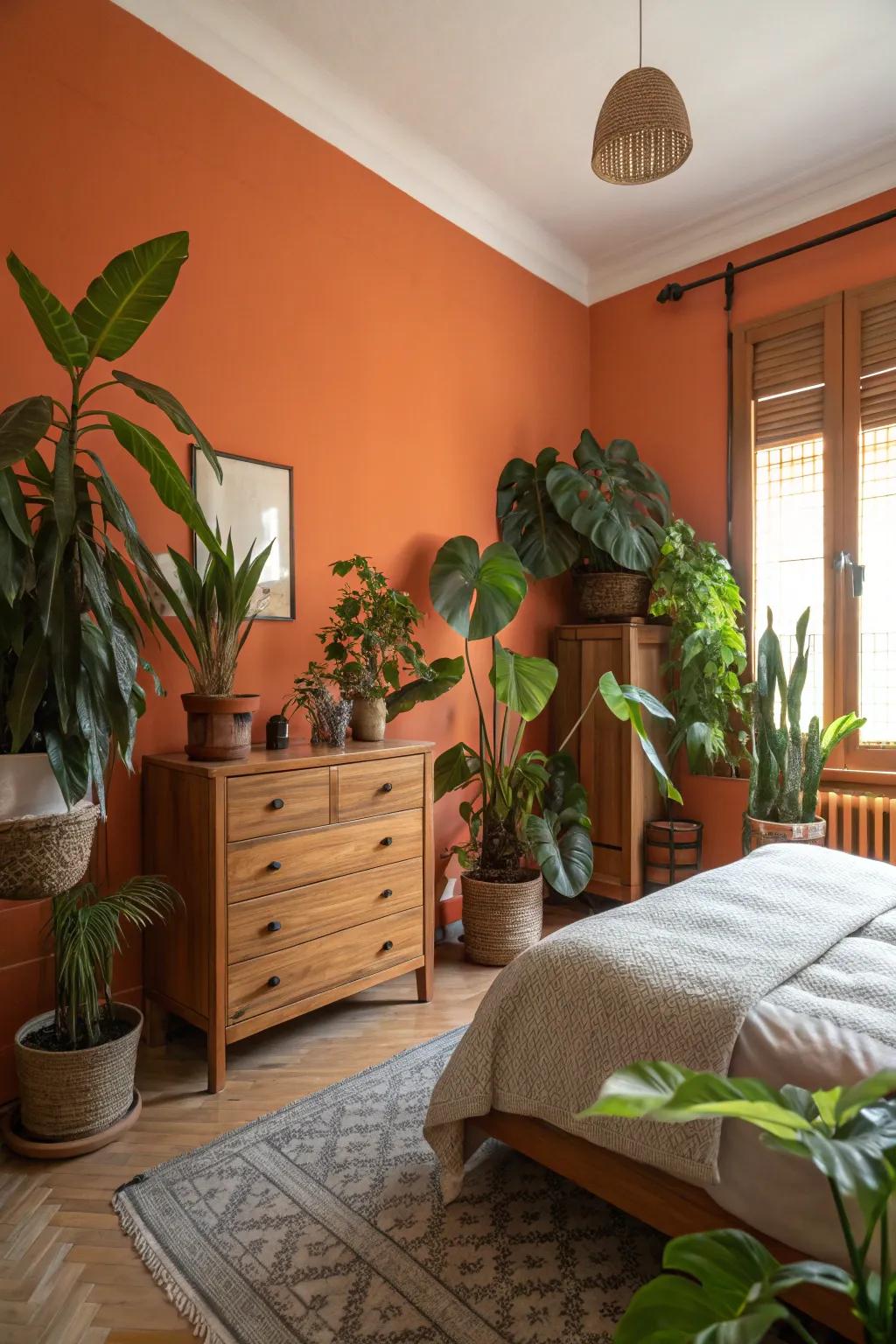 Organic components temper and enhance the striking orange walls.