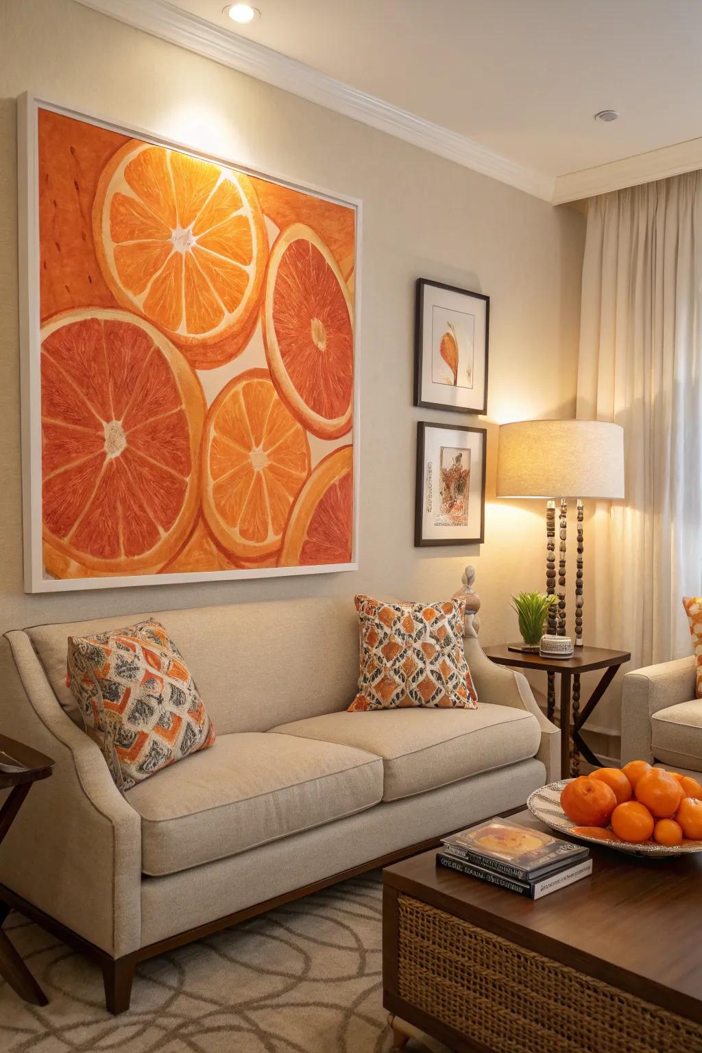 Artwork featuring orange themes ties the room's color scheme together beautifully.