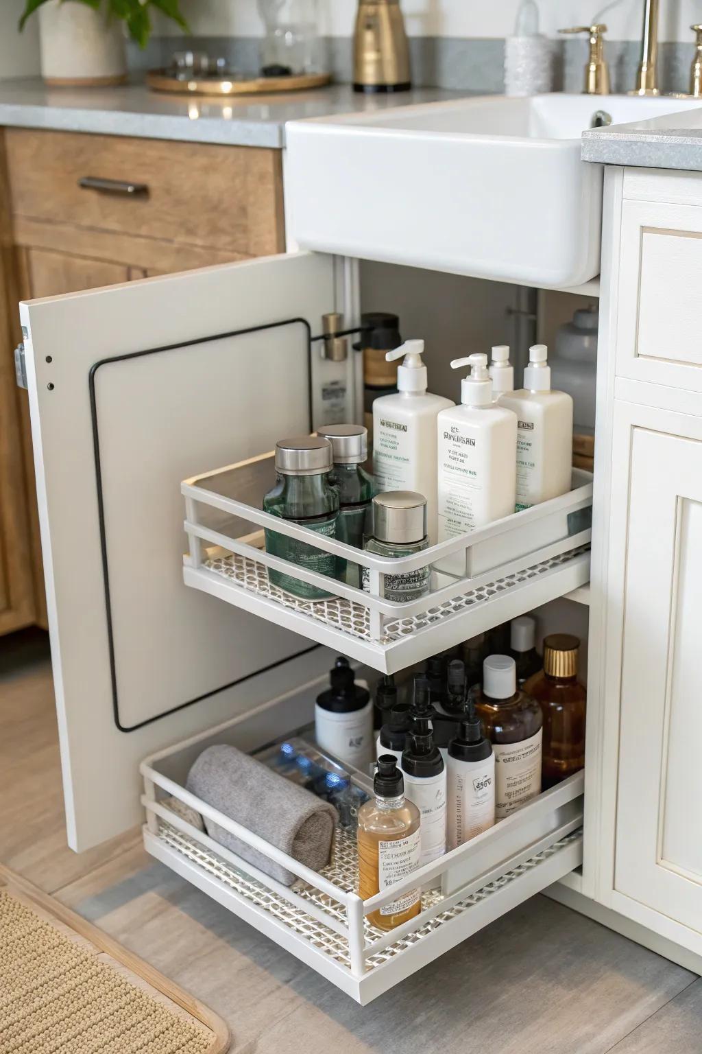Shelves with multiple tiers enhance vertical space under your sink.