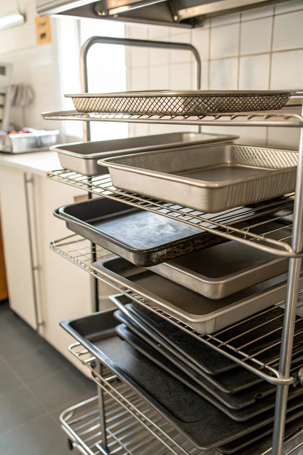 Vertical storage using metal racks takes full advantage of space successfully.