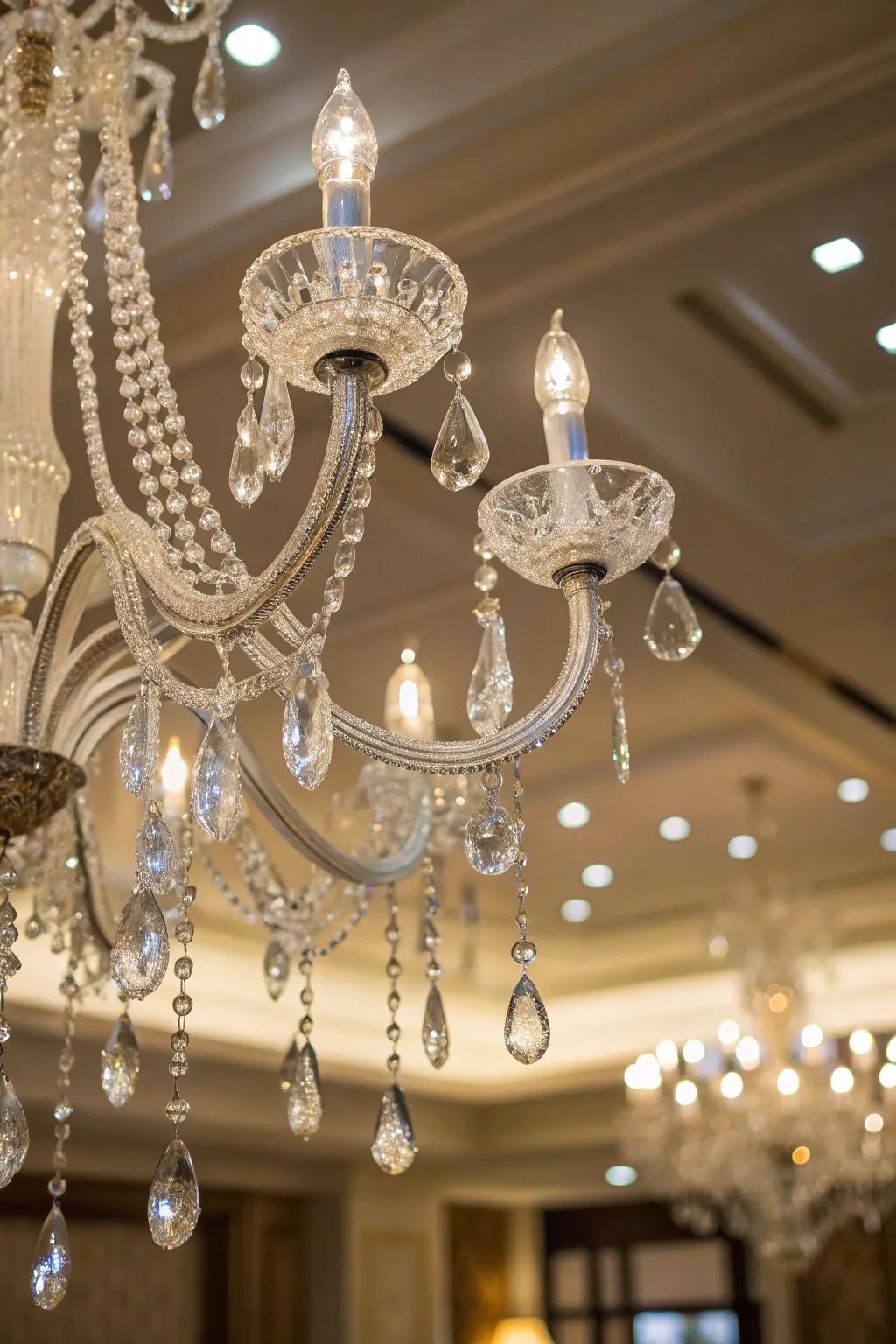 A chandelier embellished with shimmering decorations.