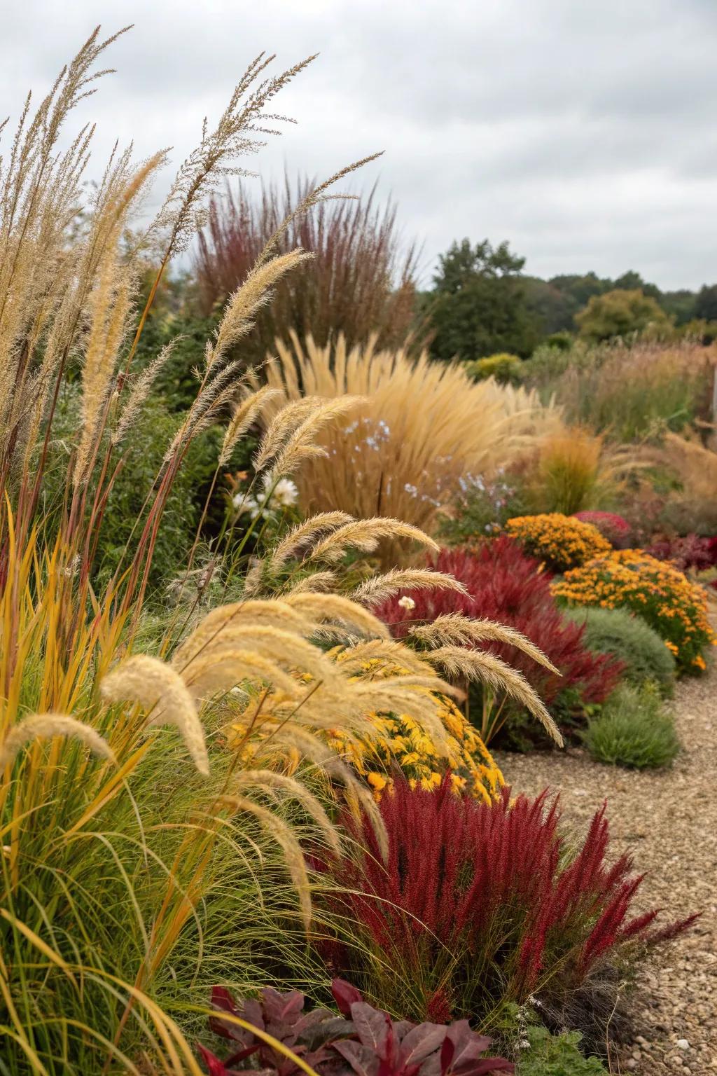 The seasonal transformations of ornamental grasses ensure year-round beauty.