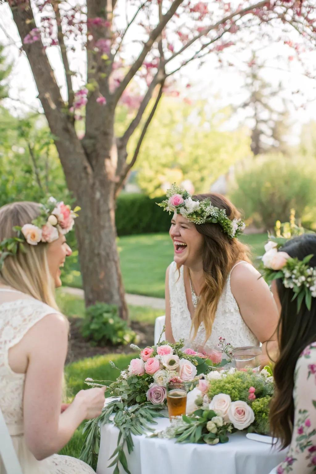 Attendees creating lovely blossom headpieces for a boho chic touch.