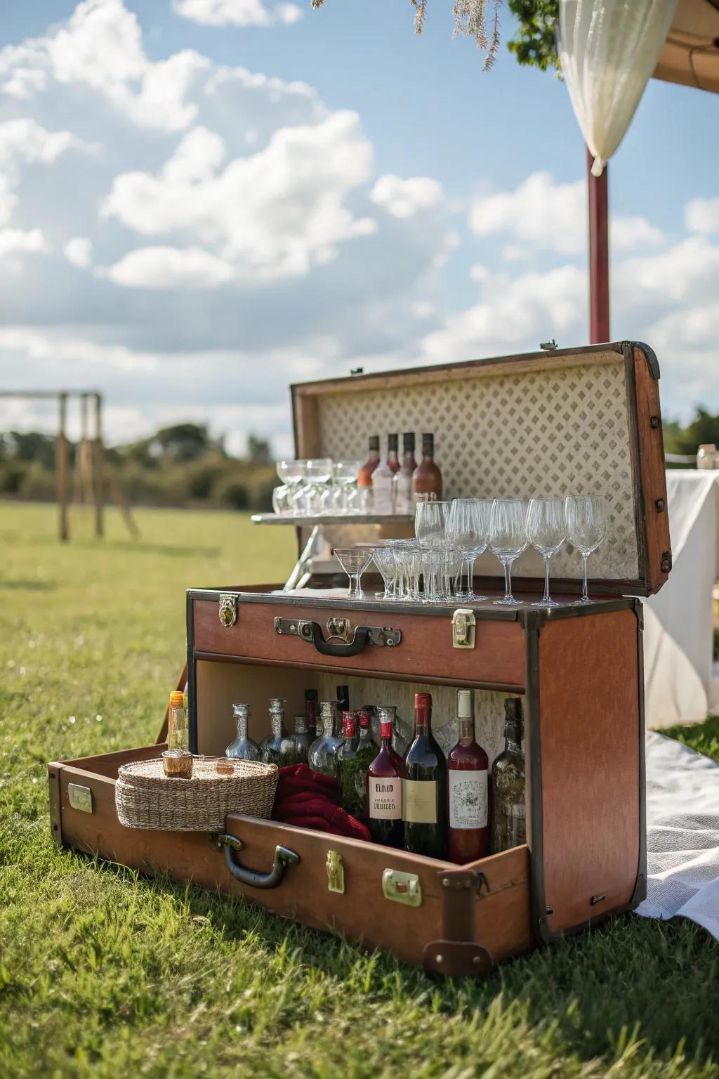 An antique travel bag bar trolley adds a retro flair to your outdoor get-togethers.