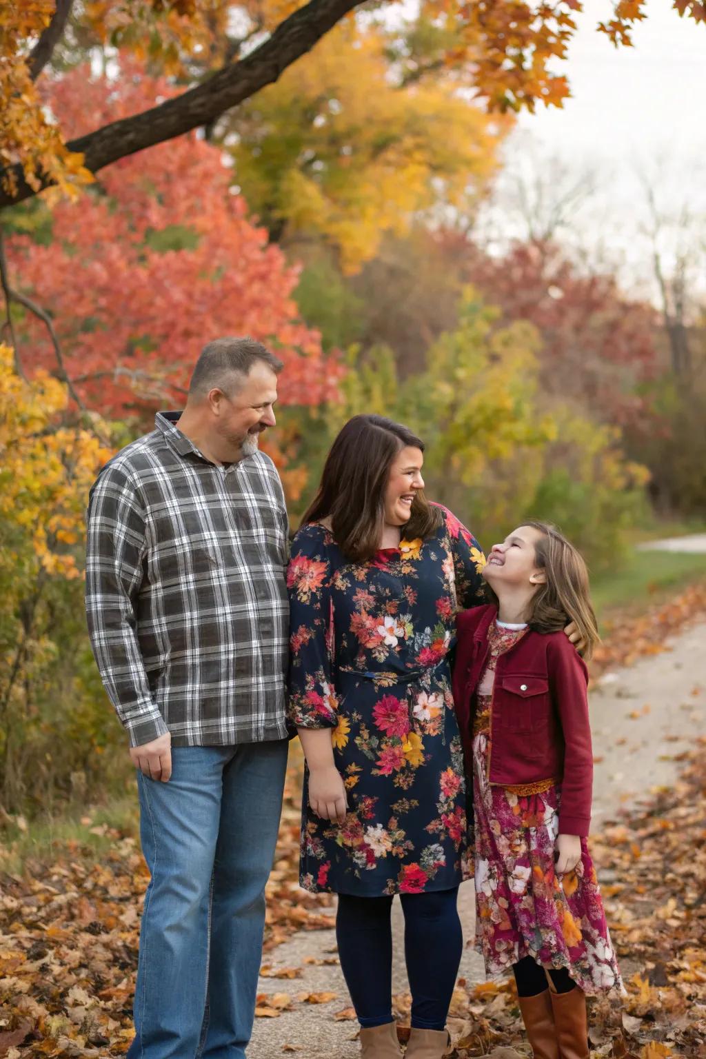 Floral patterns contribute a dash of romance to fall family photos.