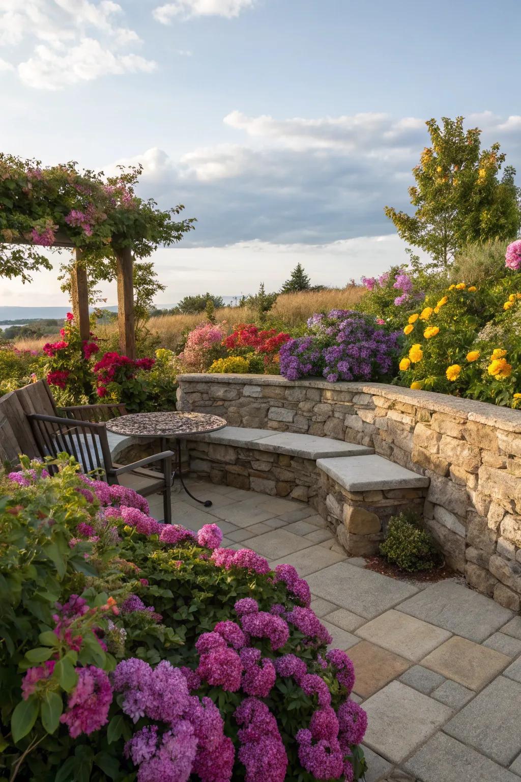 Stone walls with built-in seating offer both usefulness and style.