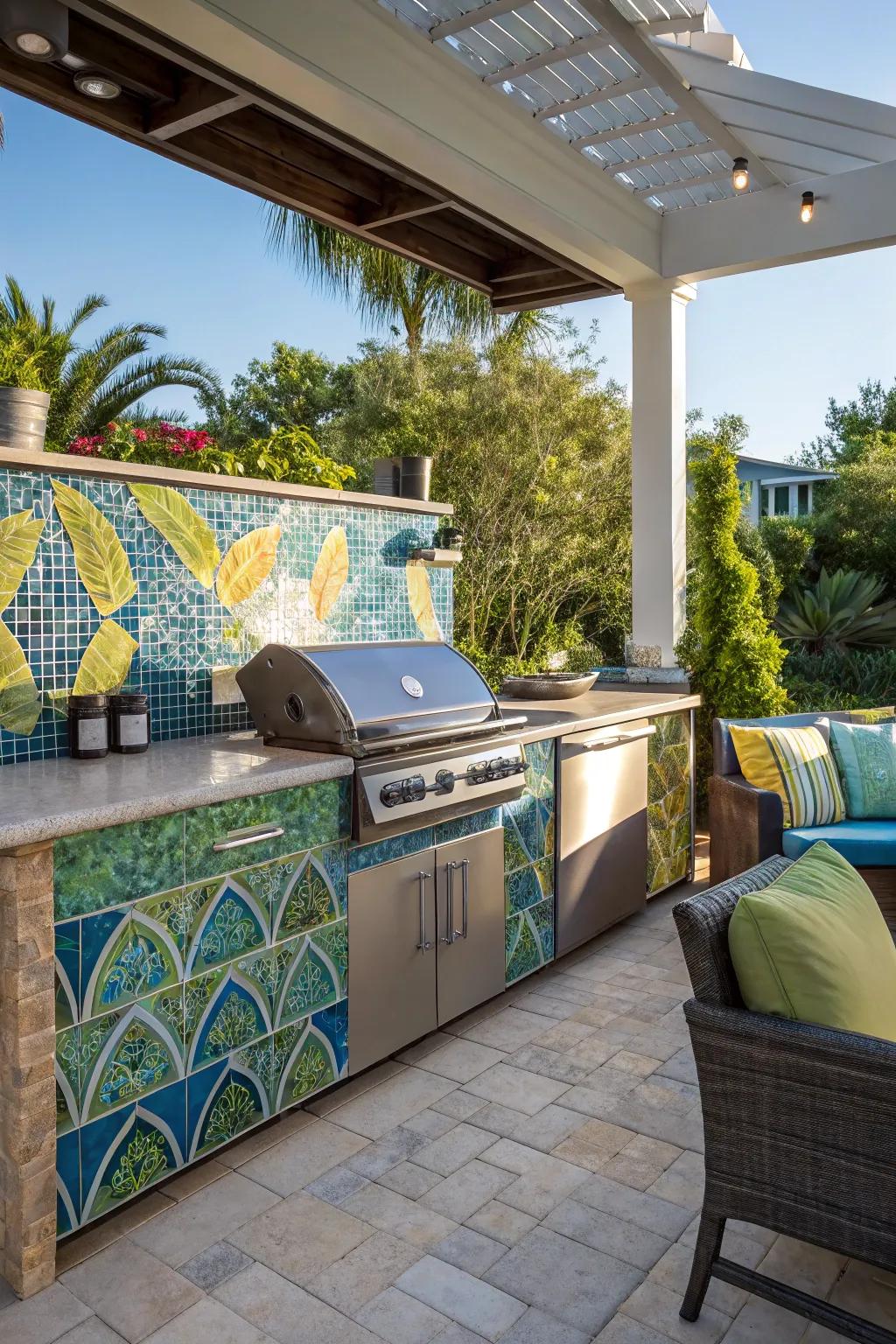 Glass mosaic tiles give dynamic hues and sparkle to any outdoor kitchen setting.