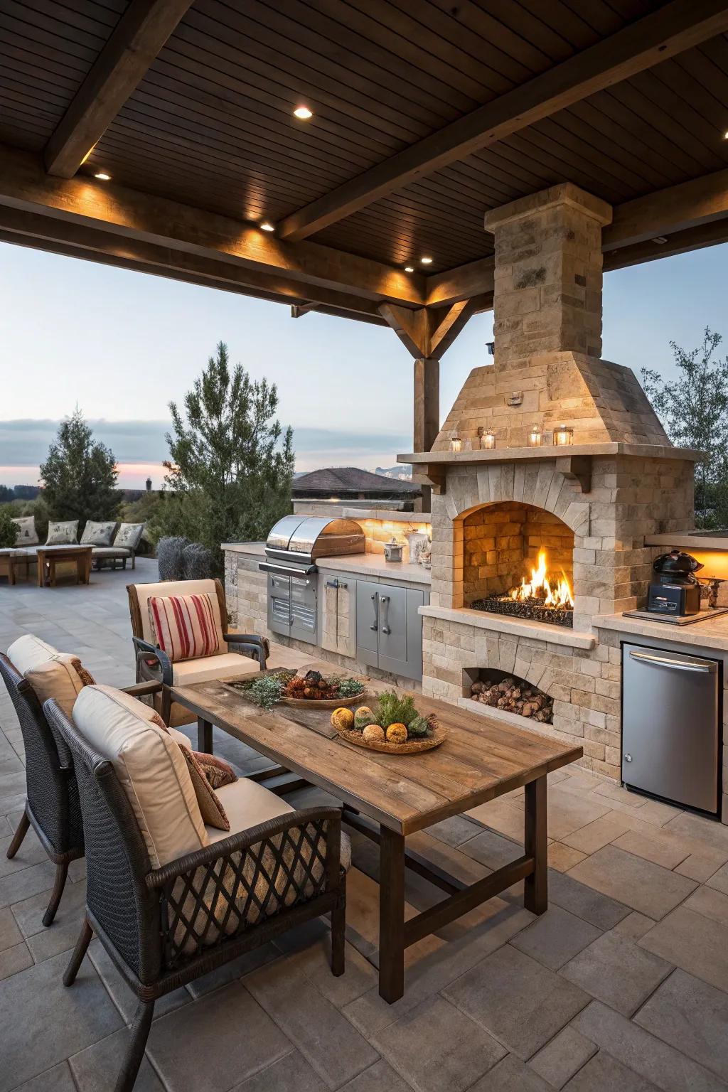 A stylish outdoor cooking island featuring an integrated fireplace, ideal for evening get-togethers.
