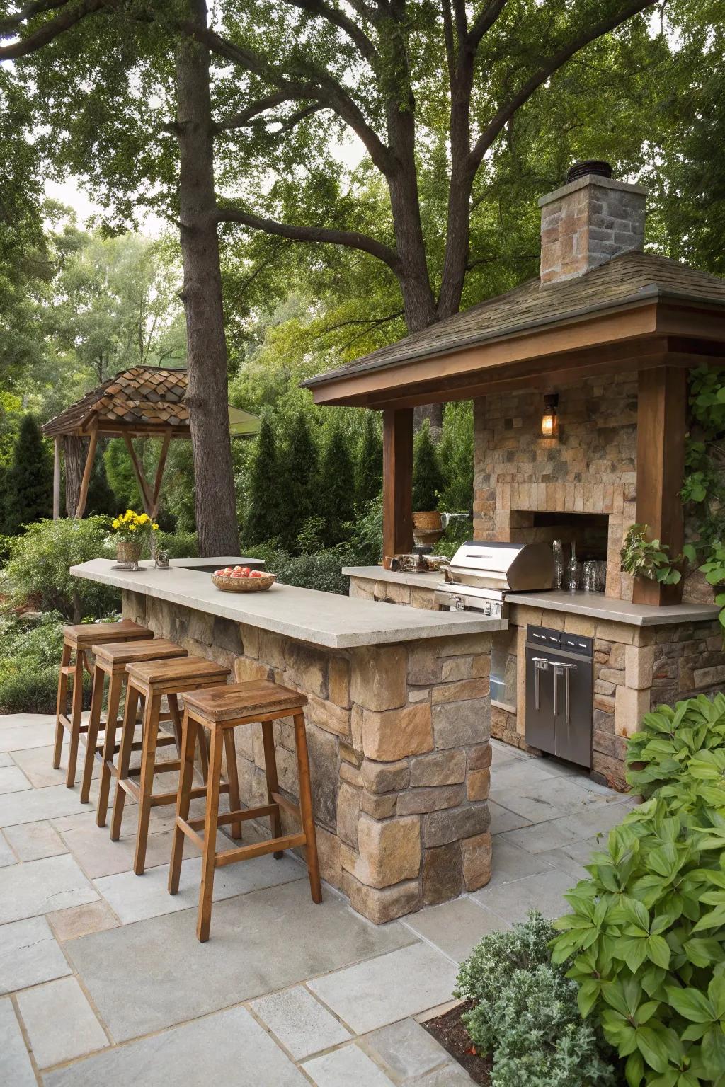 A natural stone-look outdoor kitchen counter in a natural setting.