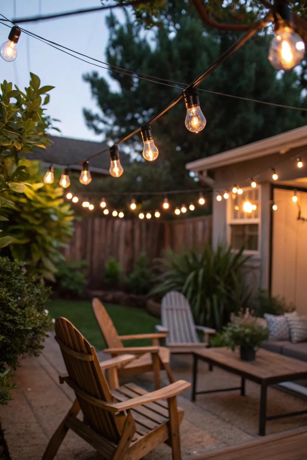 Hanging lights spark a magical mood in your yard.