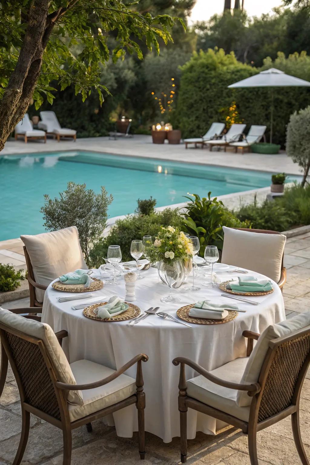 Enjoy stylish meals by the pool with a refined outdoor setup.
