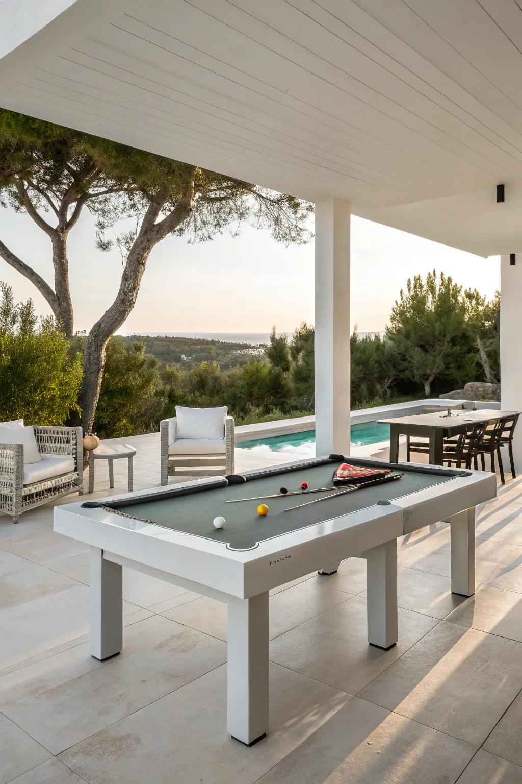 A sleek, modern outdoor pool table setup with simple furniture.