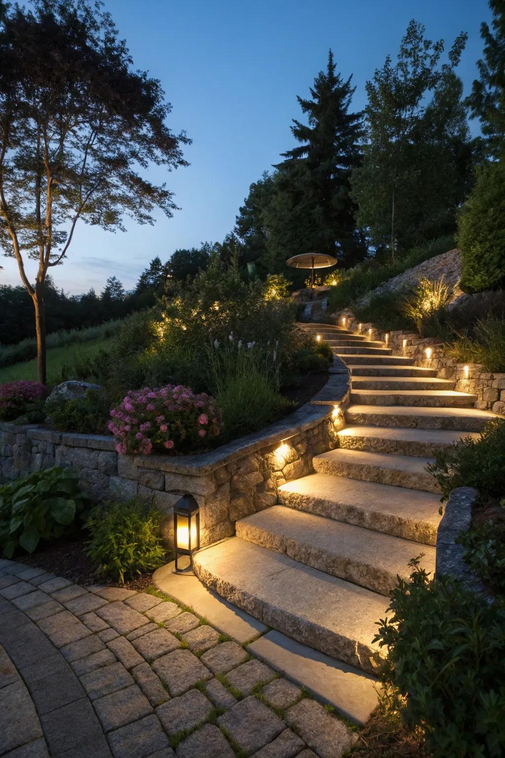 Built-in lighting converts garden steps into a breathtaking nighttime feature.