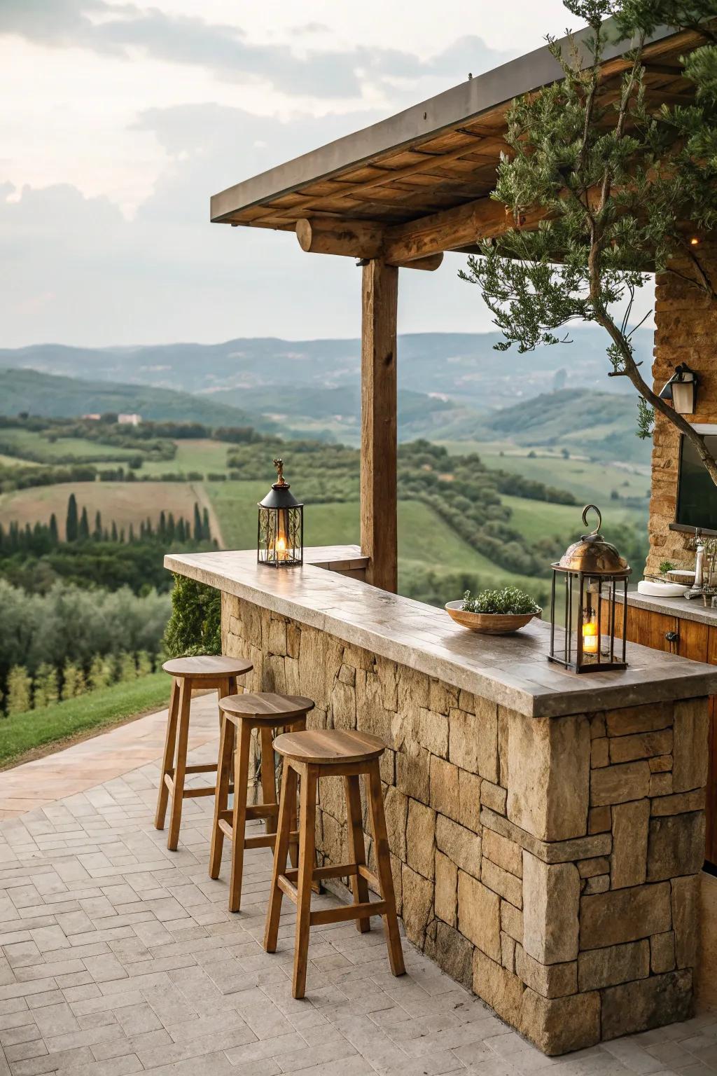 A rustic farmhouse stone bar blending harmoniously with the landscape.