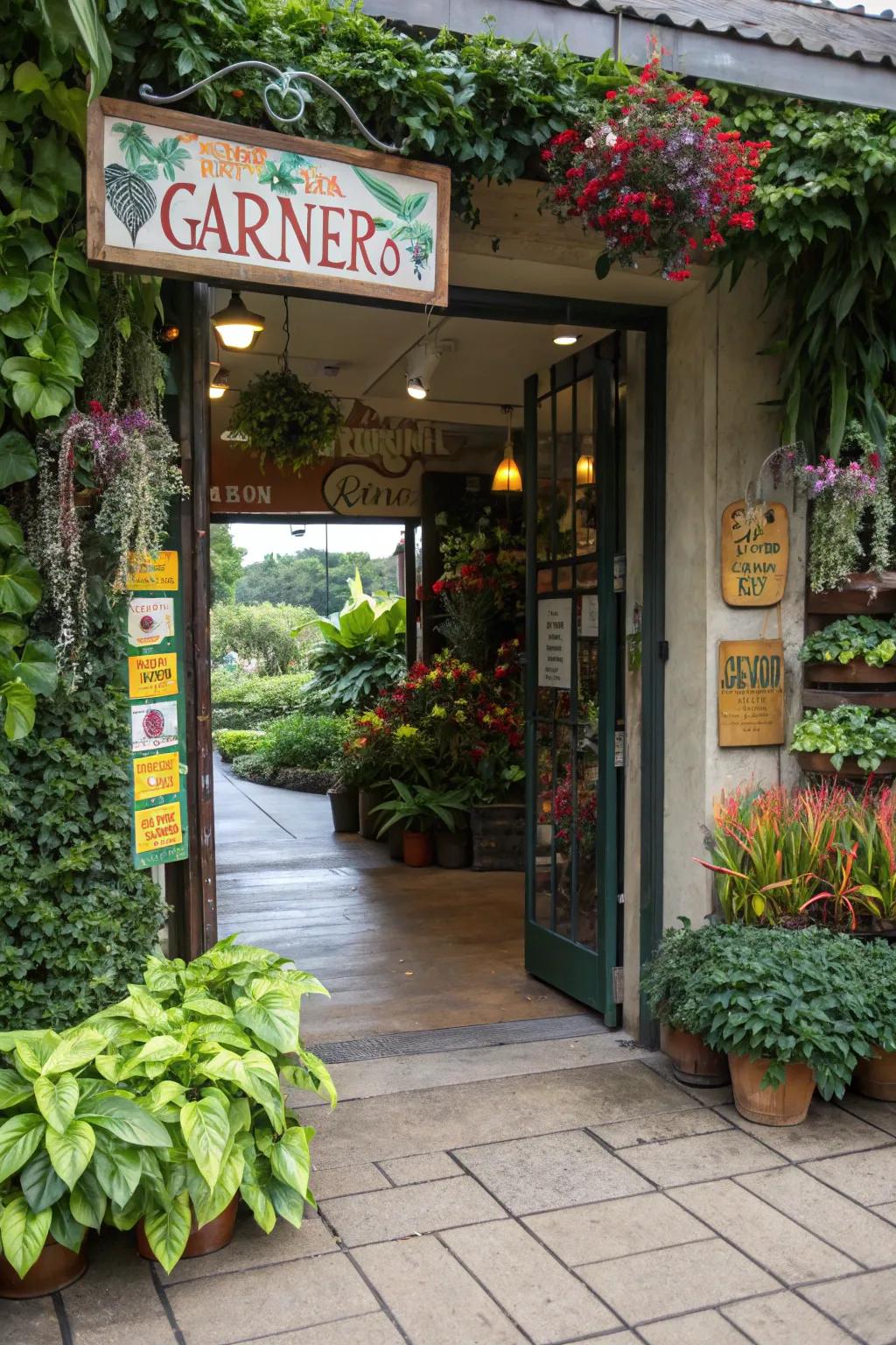 Creative storefront featuring signage and foliage for a memorable impression.