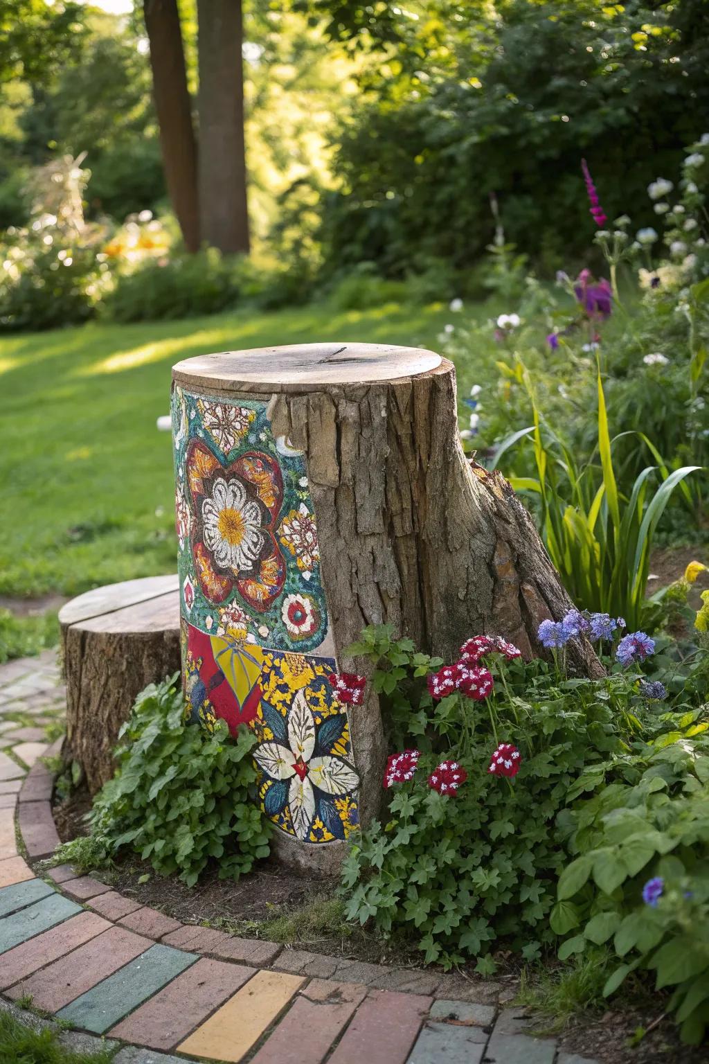 Colorful mosaic tiles transform an ordinary tree stump into a captivating art piece.
