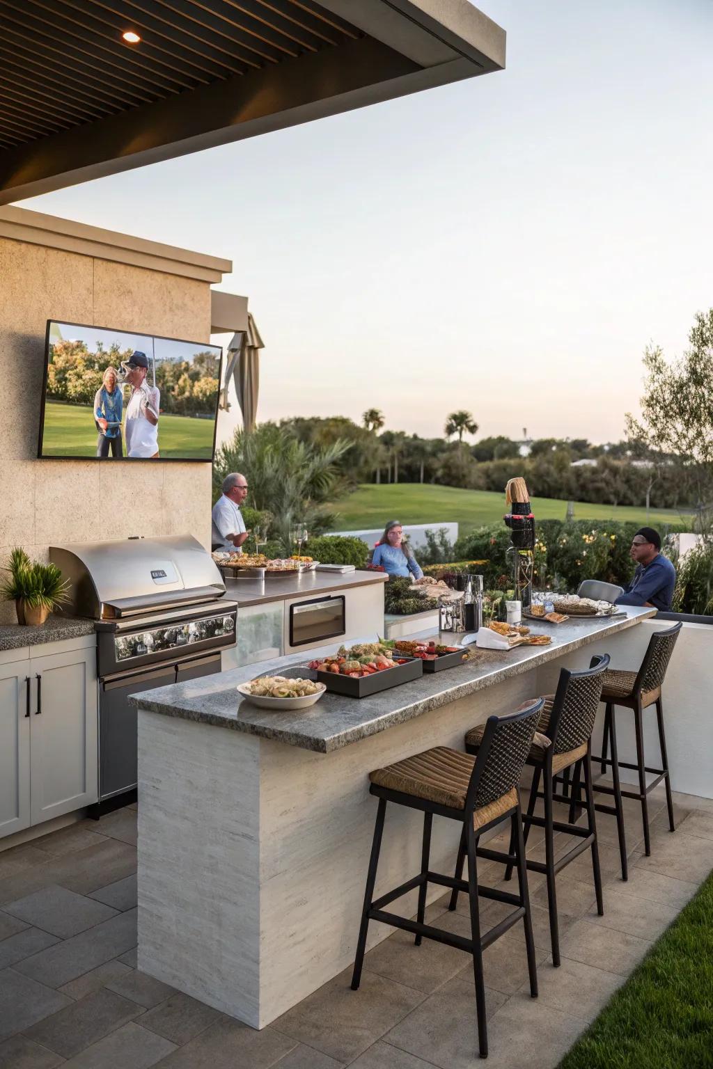An outdoor kitchen complements your TV arrangement, perfect for get-togethers.