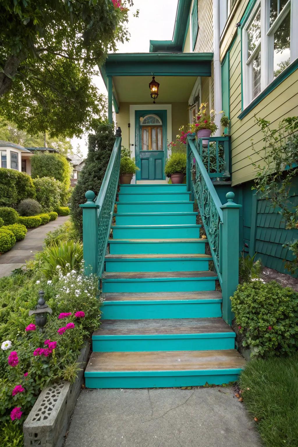 Lively teal steps that boldly announce your arrival.