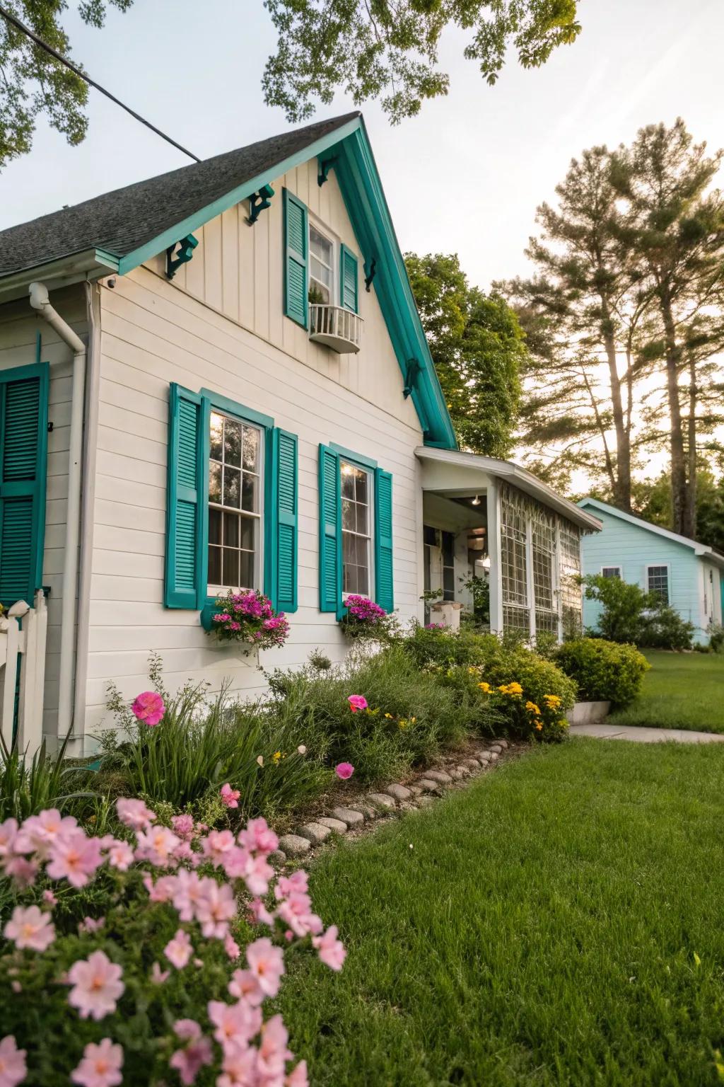 Quaint house featuring lively blue-green awnings.