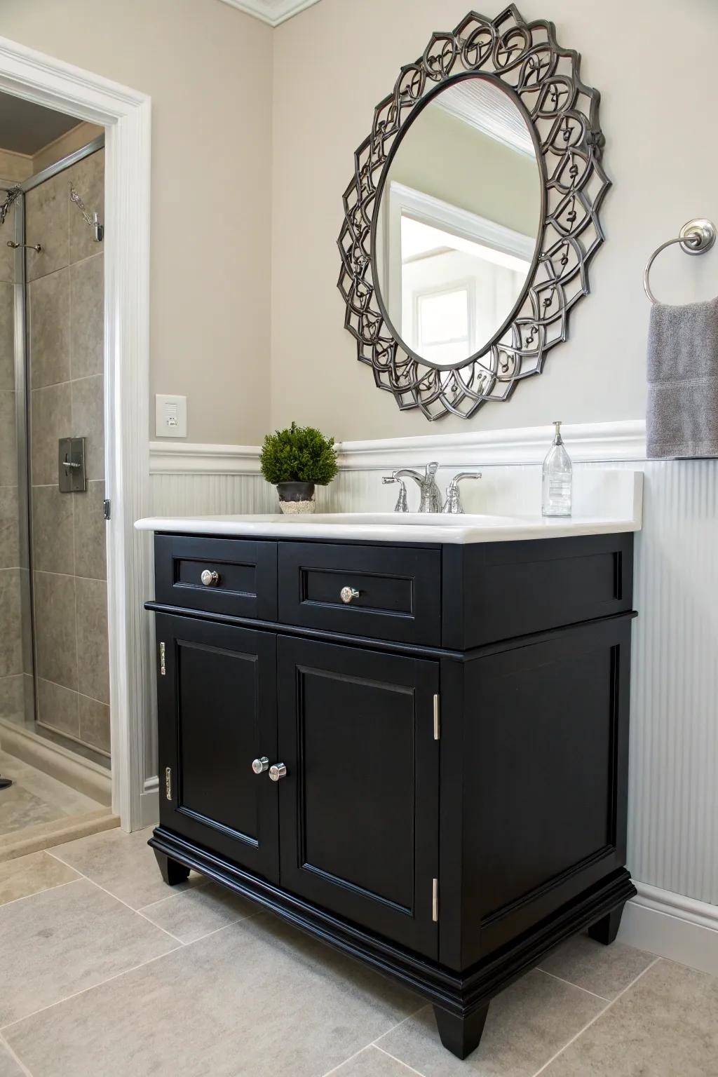 A black vanity makes a bold, timeless impression.