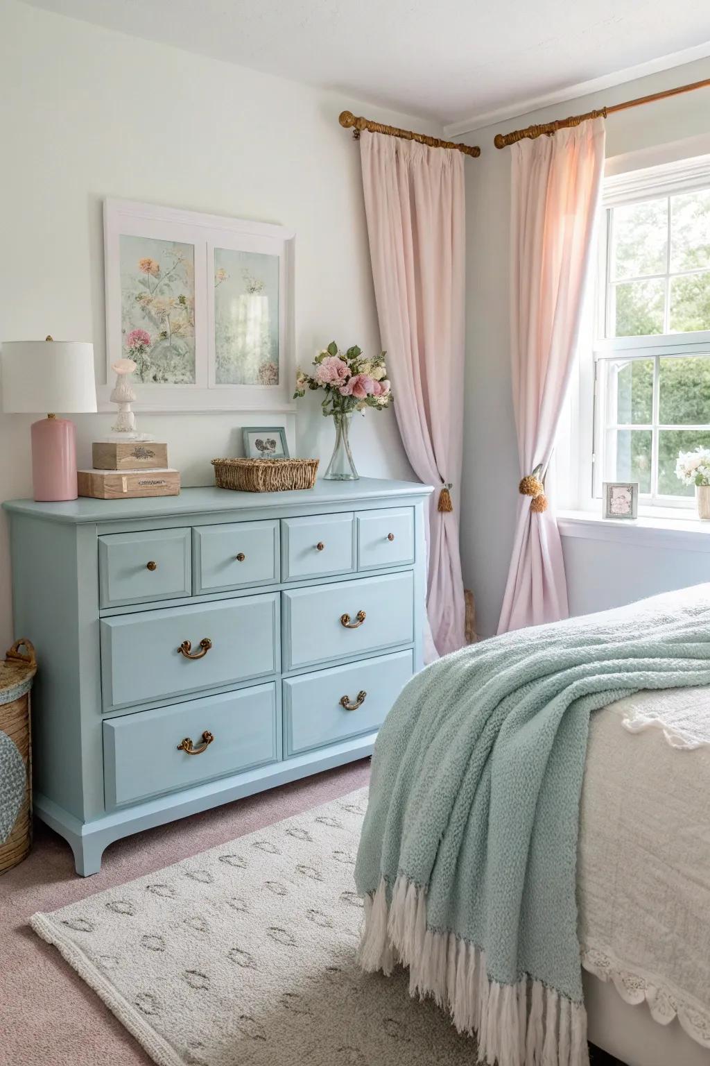 Create a relaxing mood with a light blue dresser.