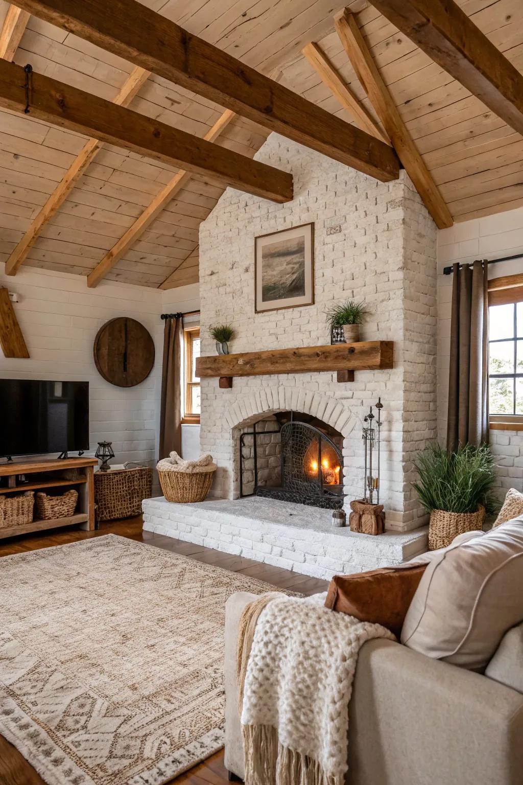 A whitewashed brick fireplace incorporates rustic charm.