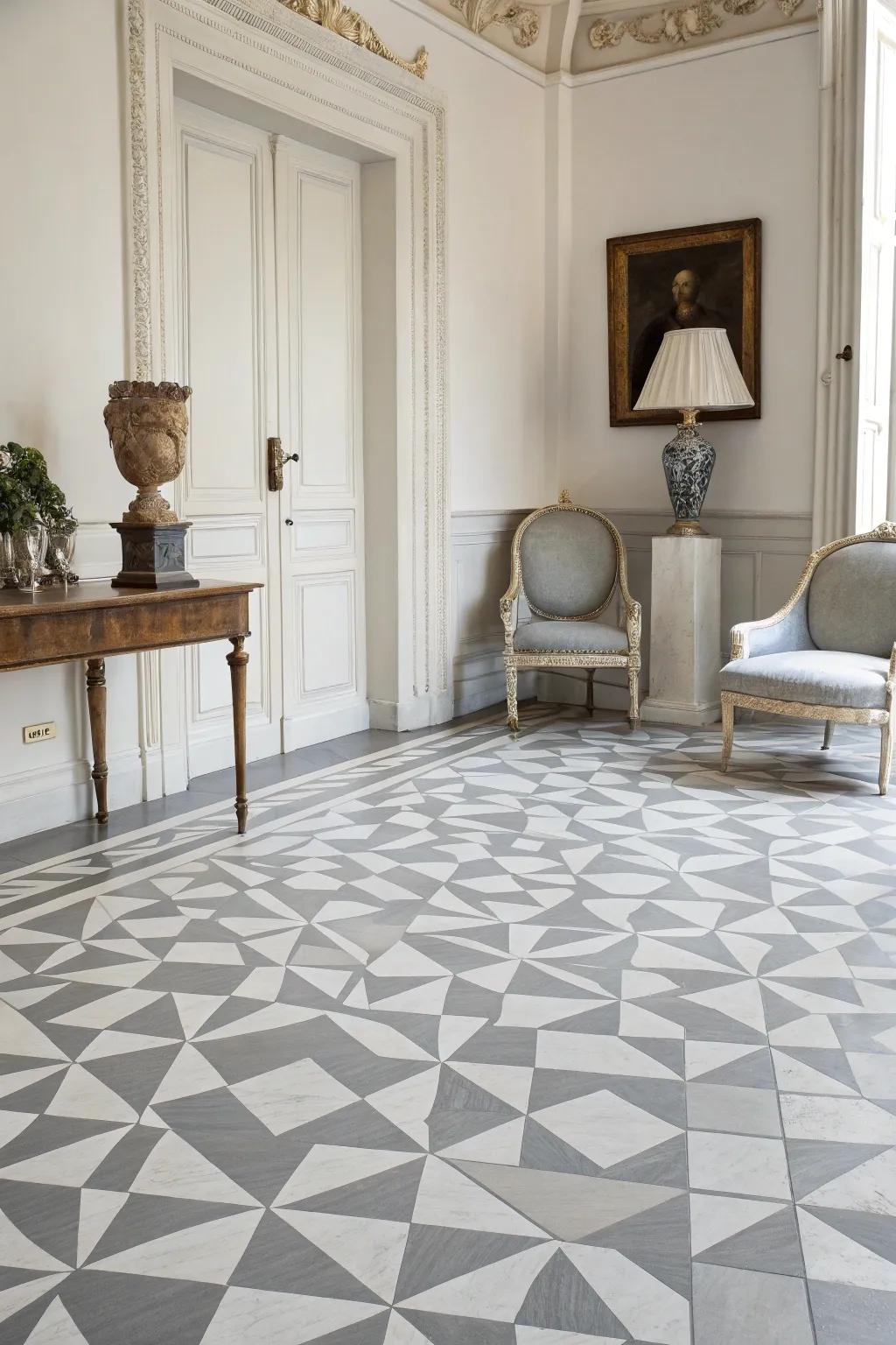A stylish room with monochromatic painted floorings, exuding classic class with minimalist design.
