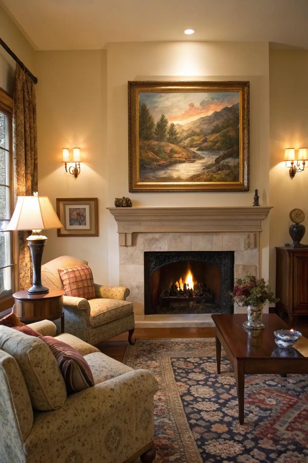 A living space spotlighting a prominent artwork situated above the fireplace.