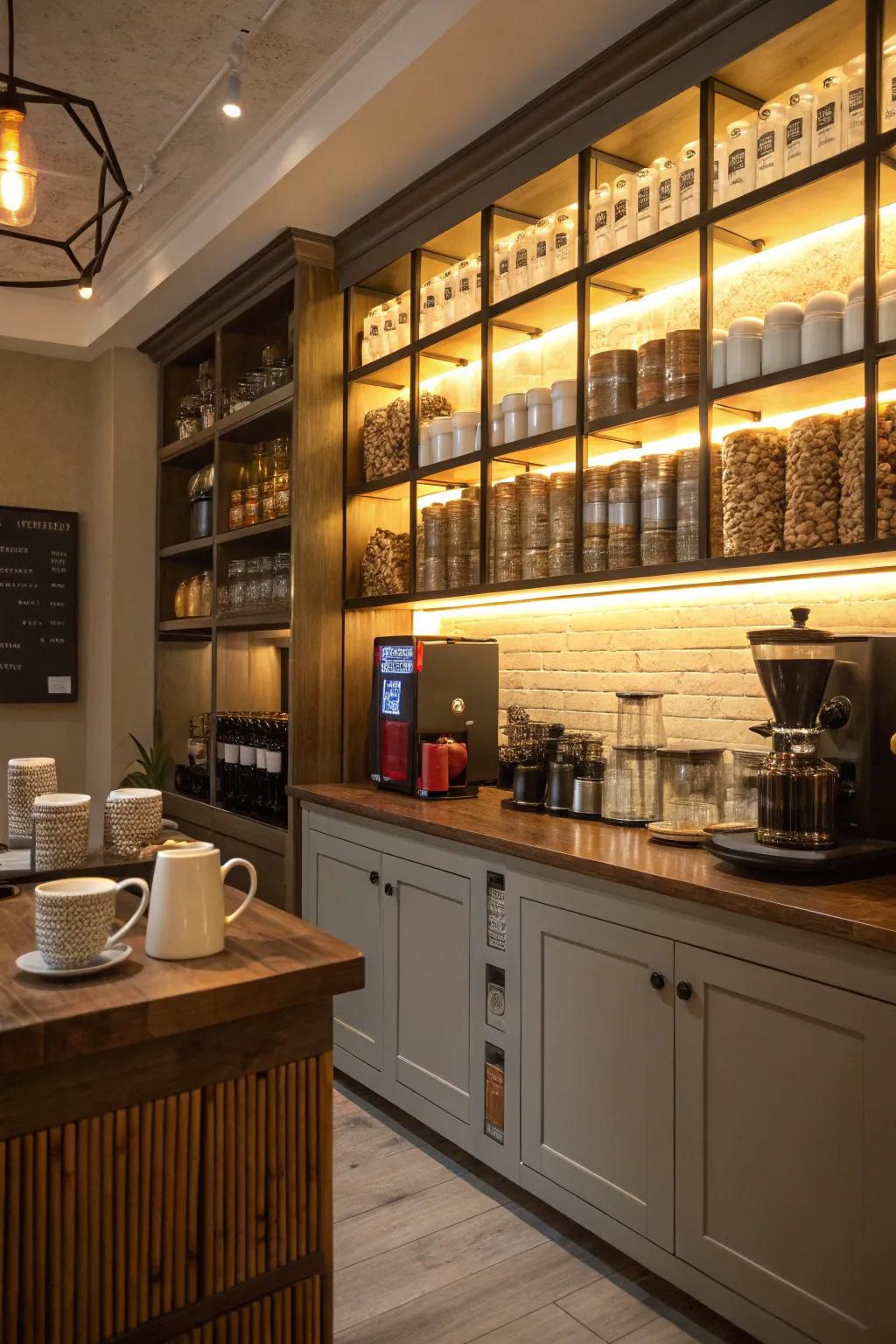 Integrated lighting significantly enhances the aesthetic allure of a coffee bar.