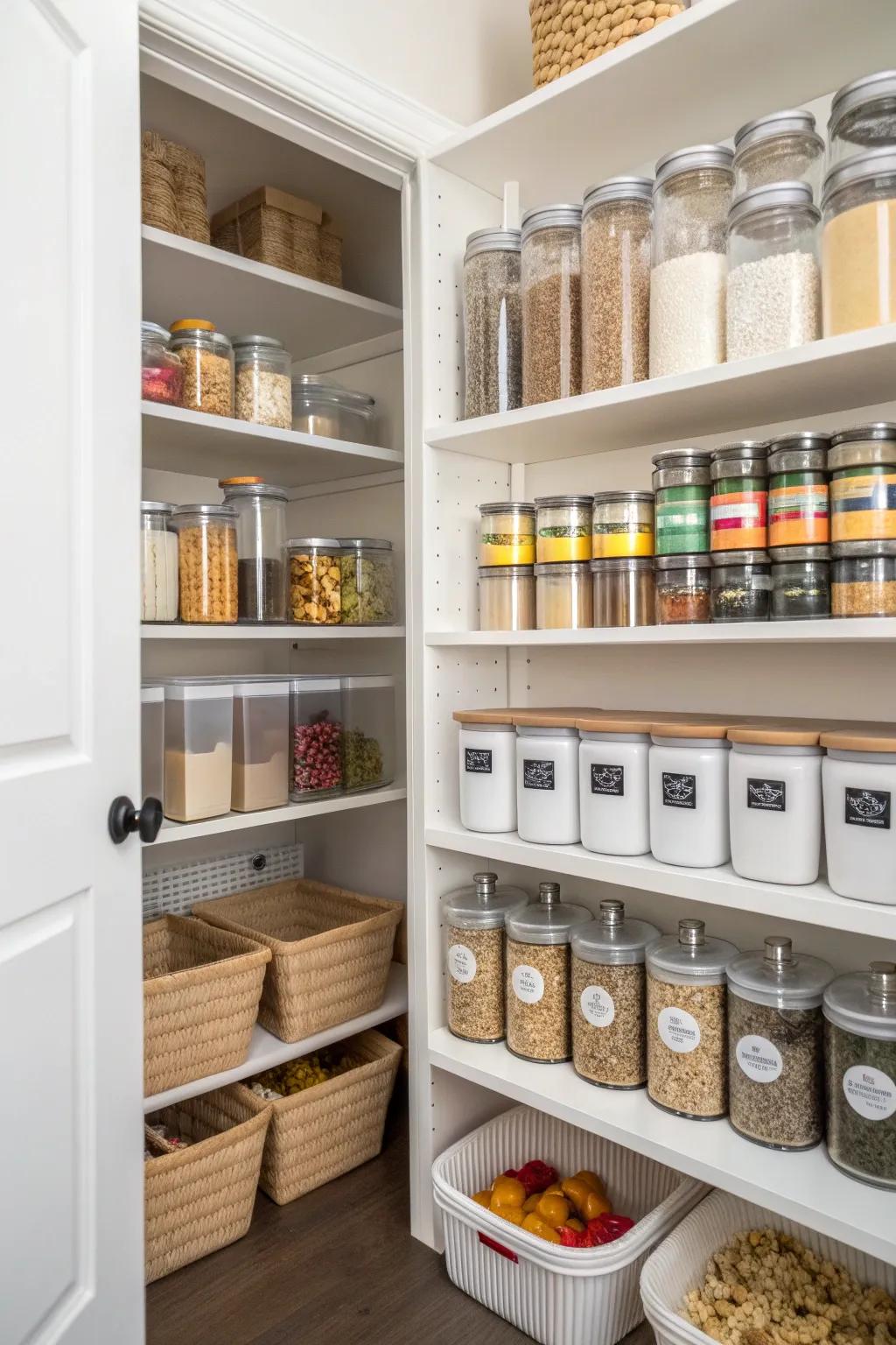 Labeled jars and containers create a clean and organized look in a pantry.