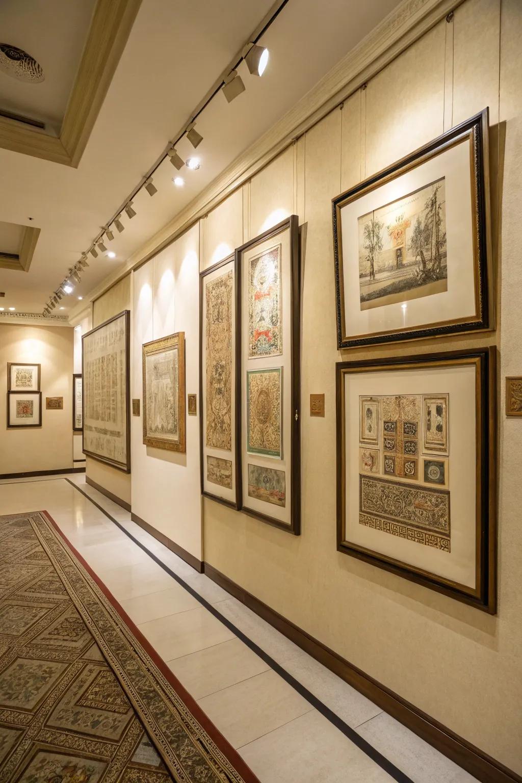 Corner display featuring multiple papyrus pieces for cultural depth.