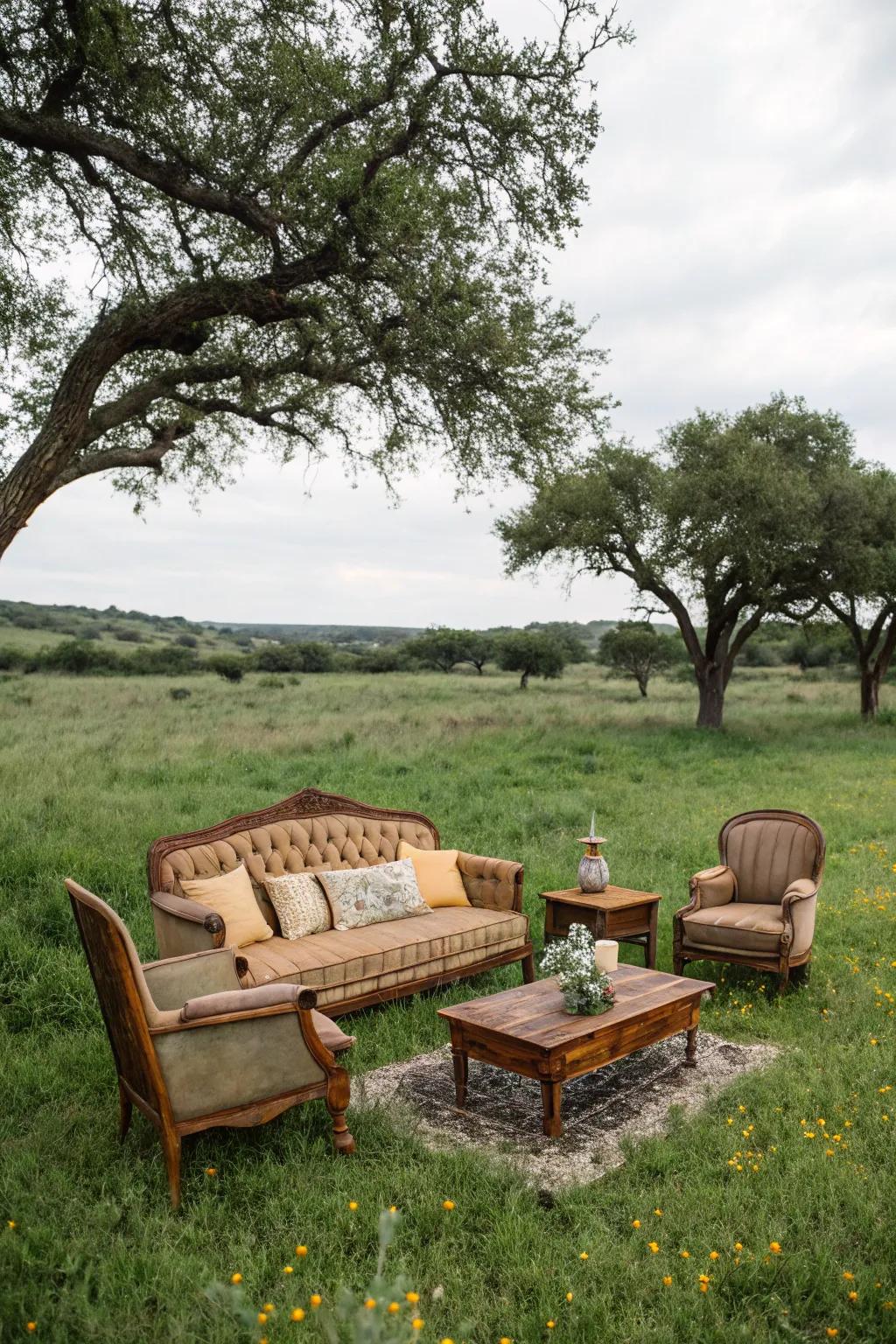 Period furniture fashioned as a chill-out space inside the meadow.