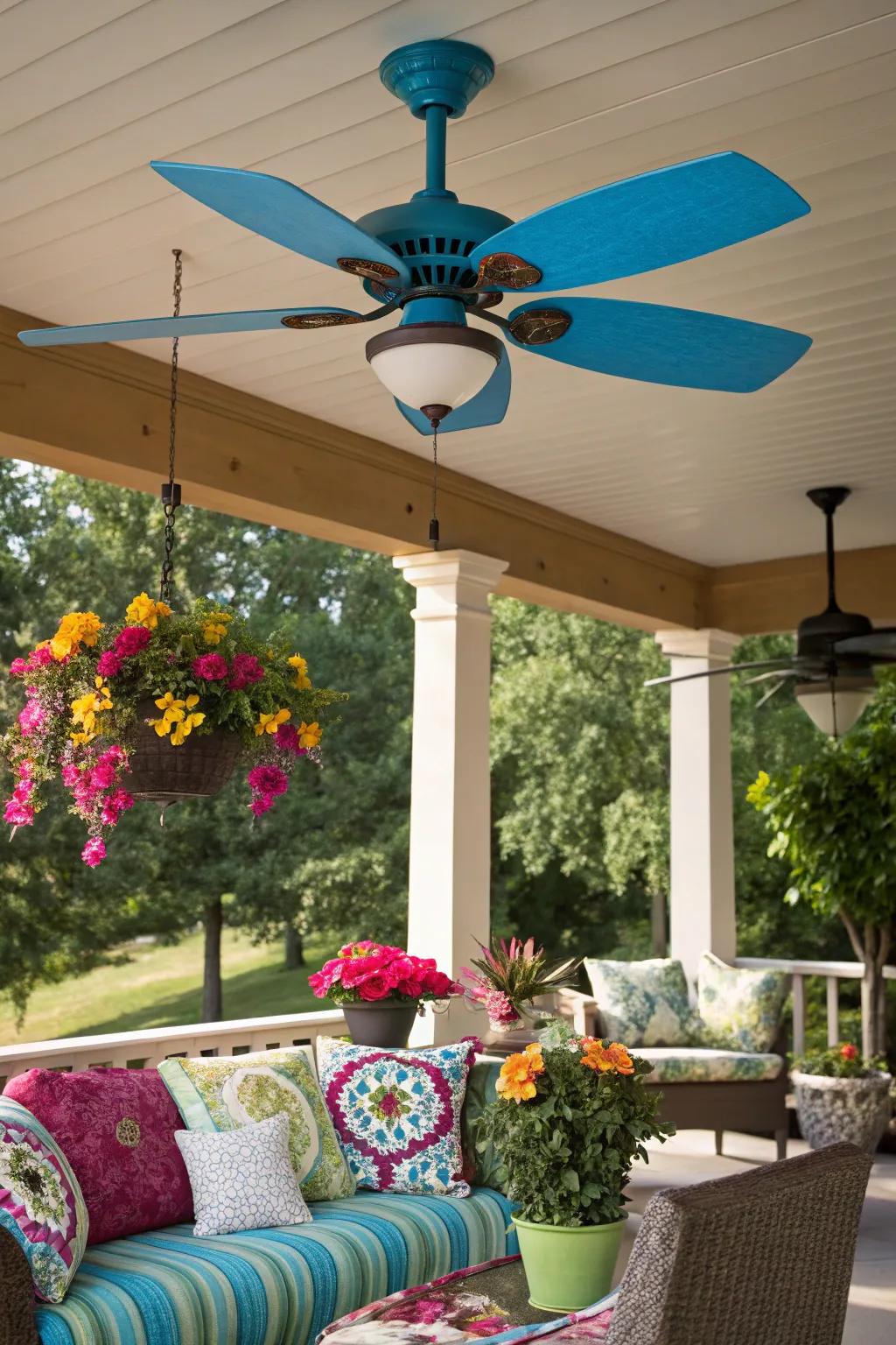 A lively deck featuring a ceiling fan with striking blue blades.