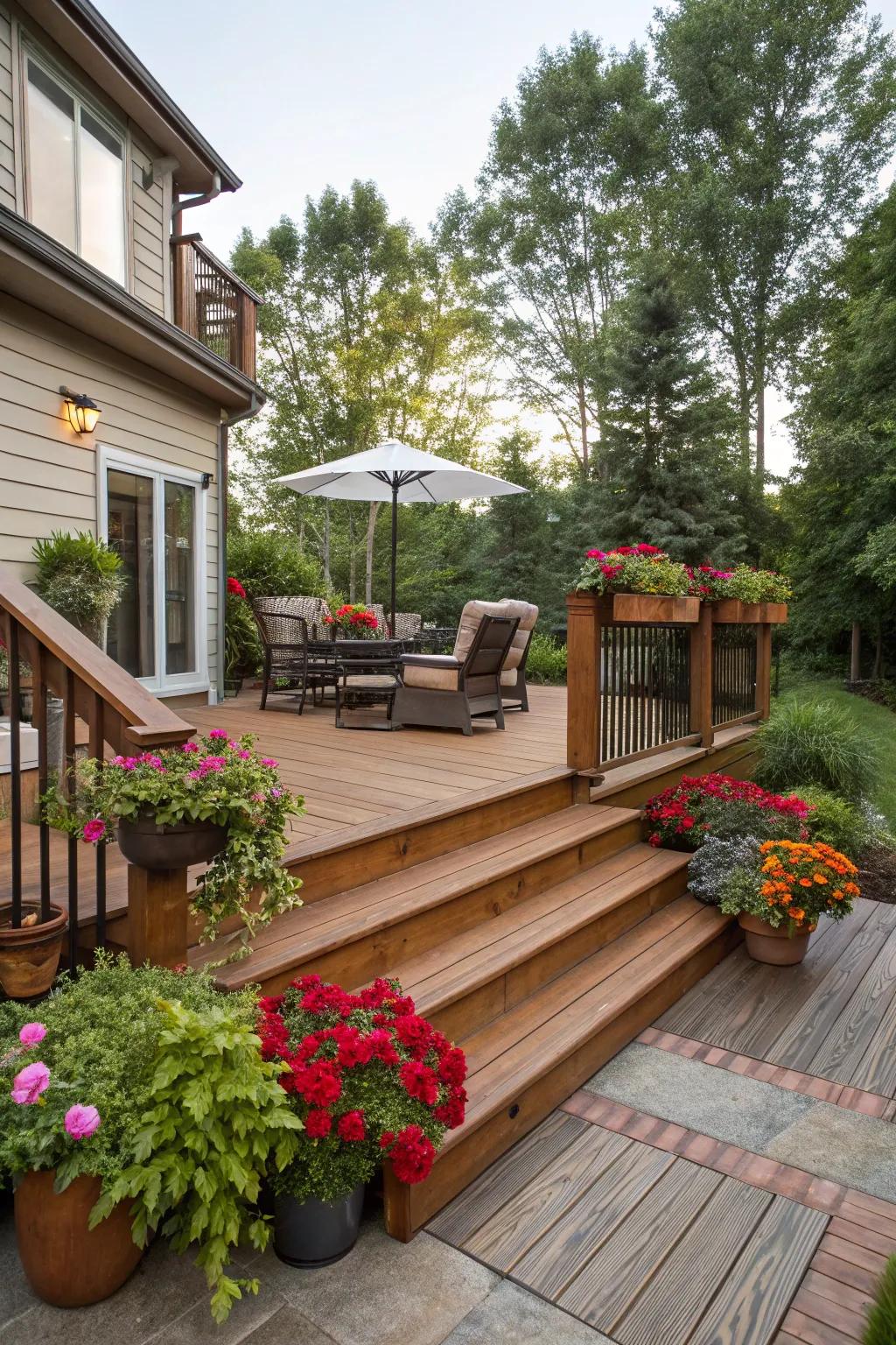 Wooden steps provide a cozy, rustic feel.