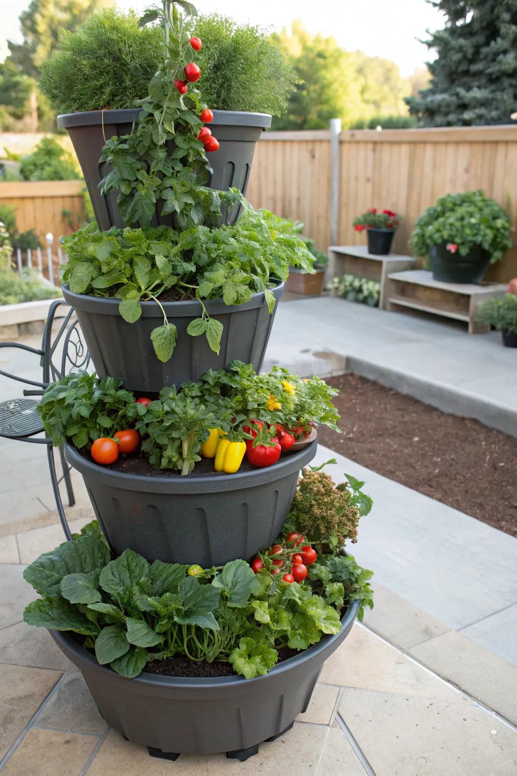 A tiered planter cascade adds vertical appeal to the patio.