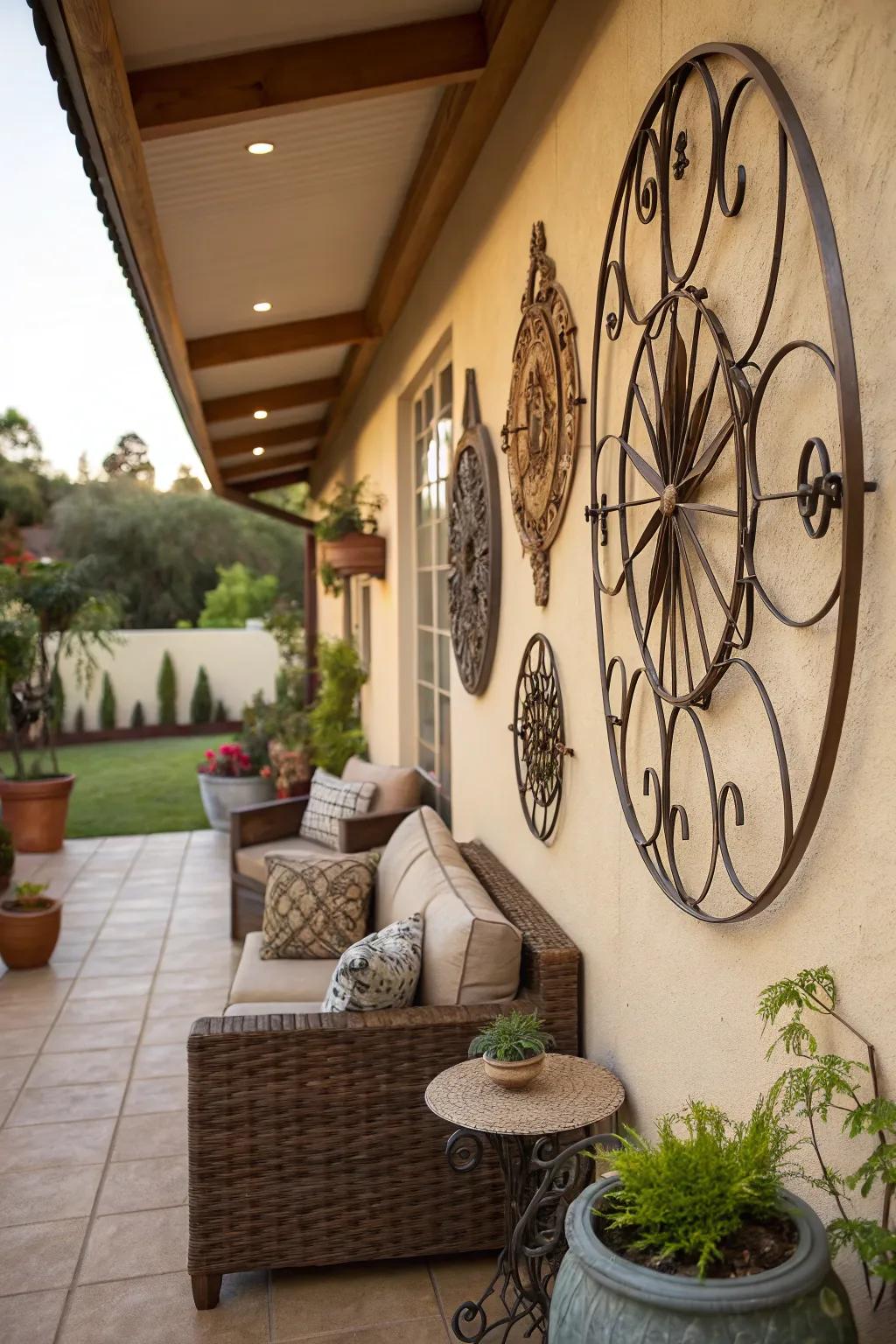 Striking metal art makes a bold statement on a patio wall.