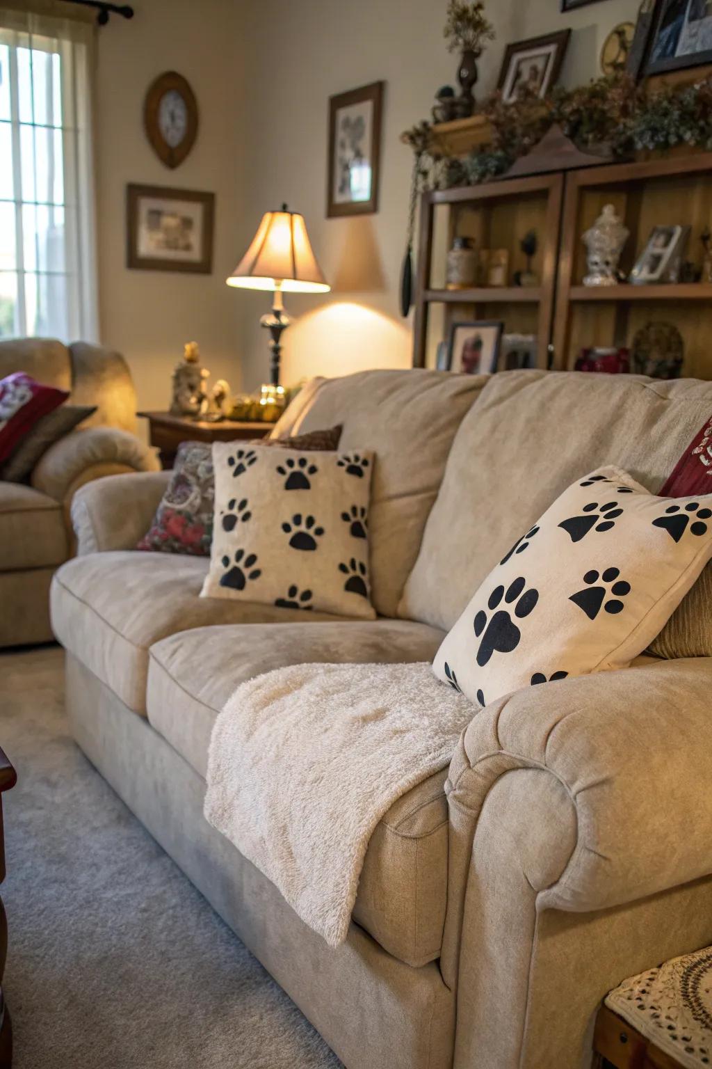 Paw print pillows adding comfort to a living space.
