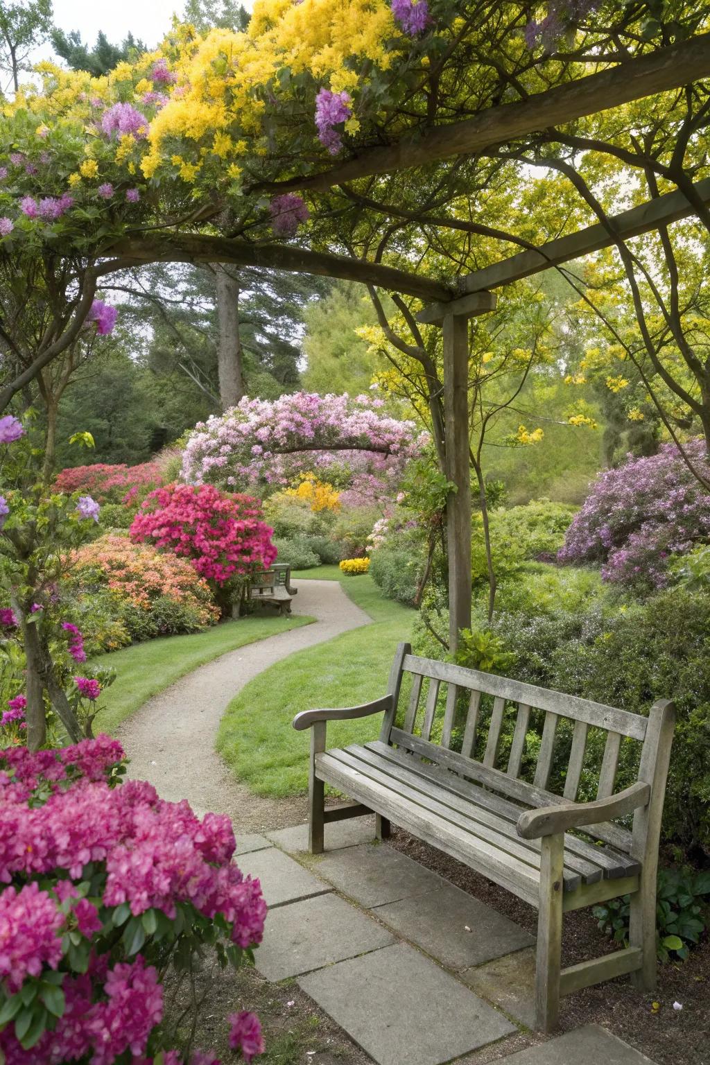 A wooden bench provides a cozy spot for unwinding amidst nature.