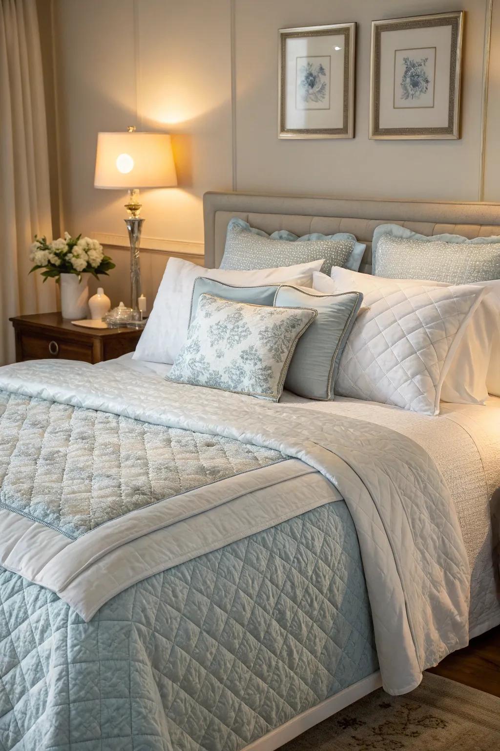 A cozy bed decorated with soft textiles and layered cushions for added comfort.