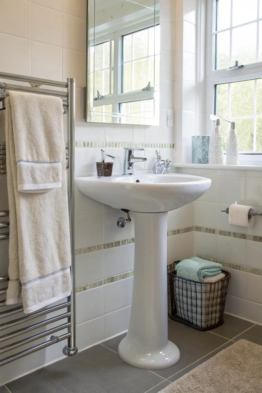 Convenient towel racks placed near the pedestal sink.