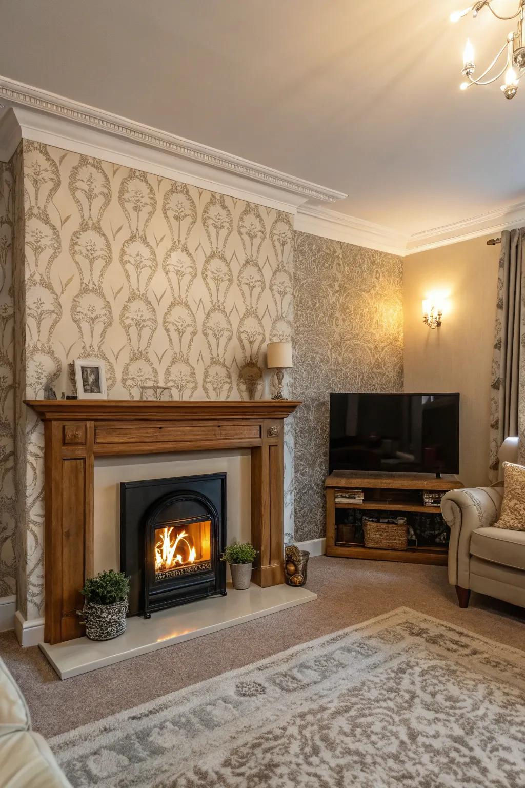 Transform your fireplace into the room's focal point with textured wallpaper.