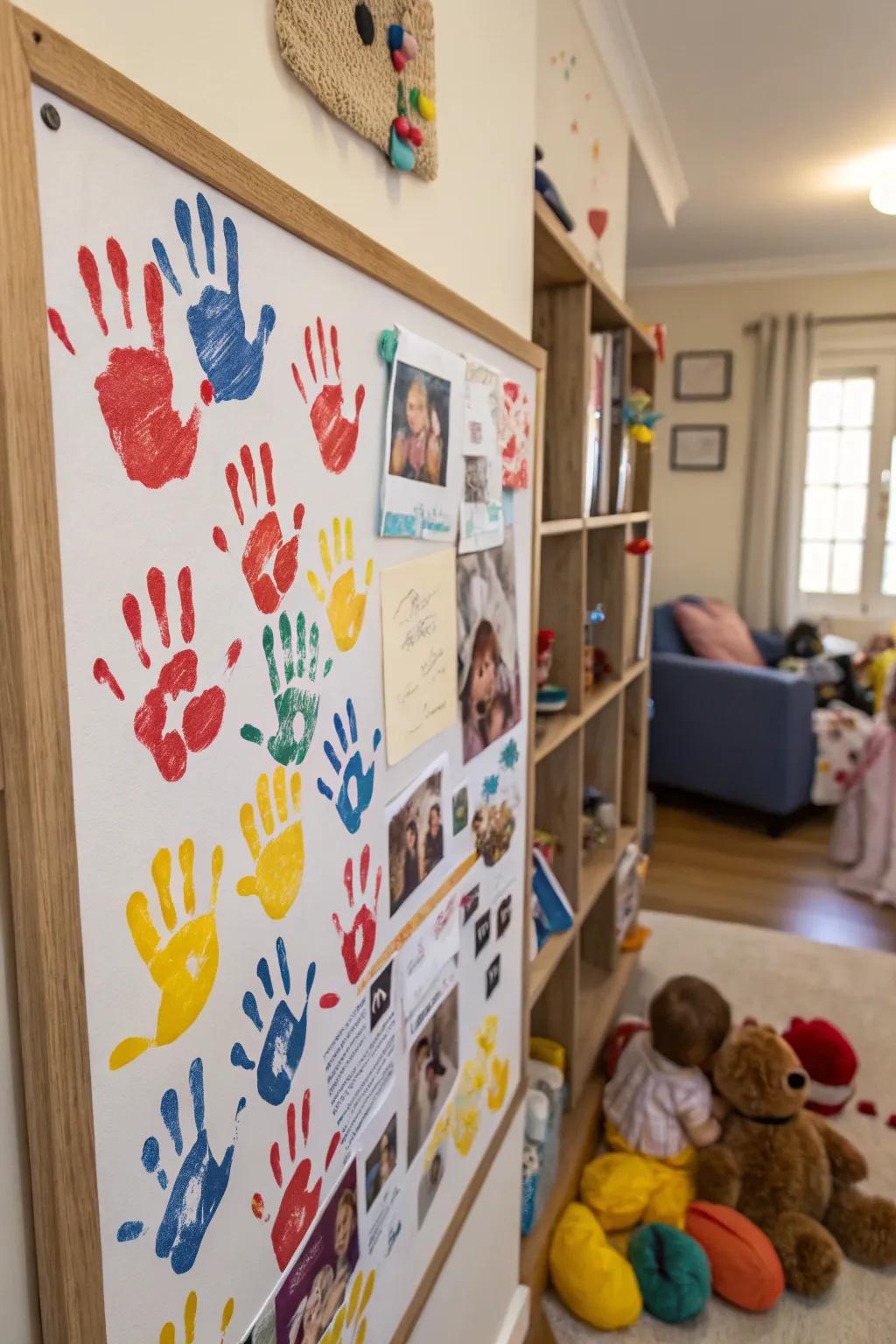 Community spirit and involvement are encouraged by colorful handprints.