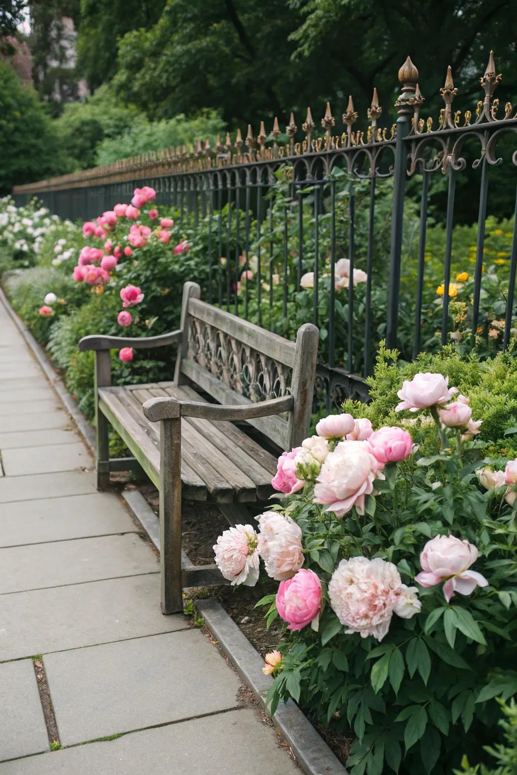 Garden accessories complementing a peony garden beautifully.