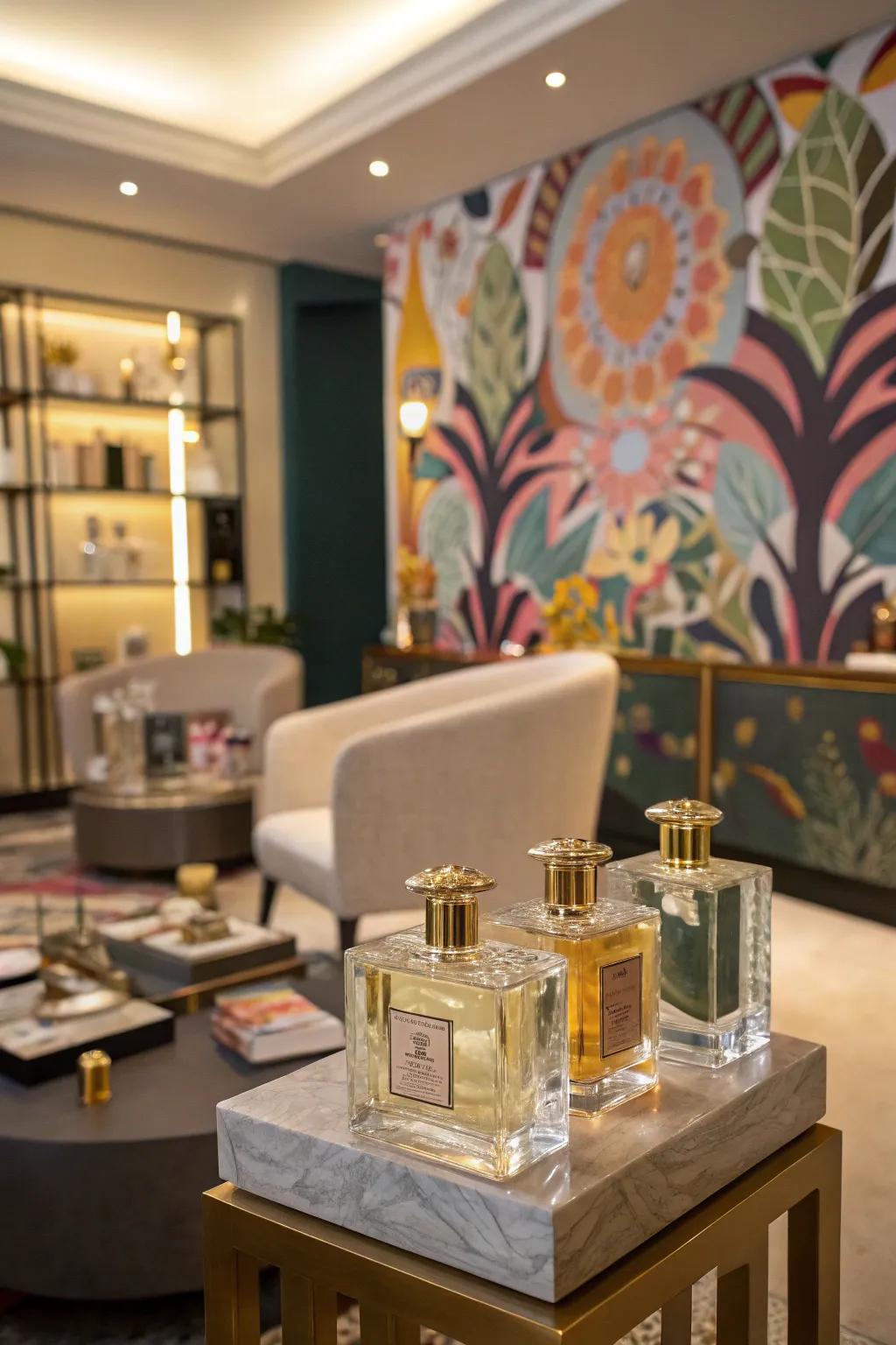 A perfume display enhanced by a vibrant and artistic backdrop, adding personal flair.