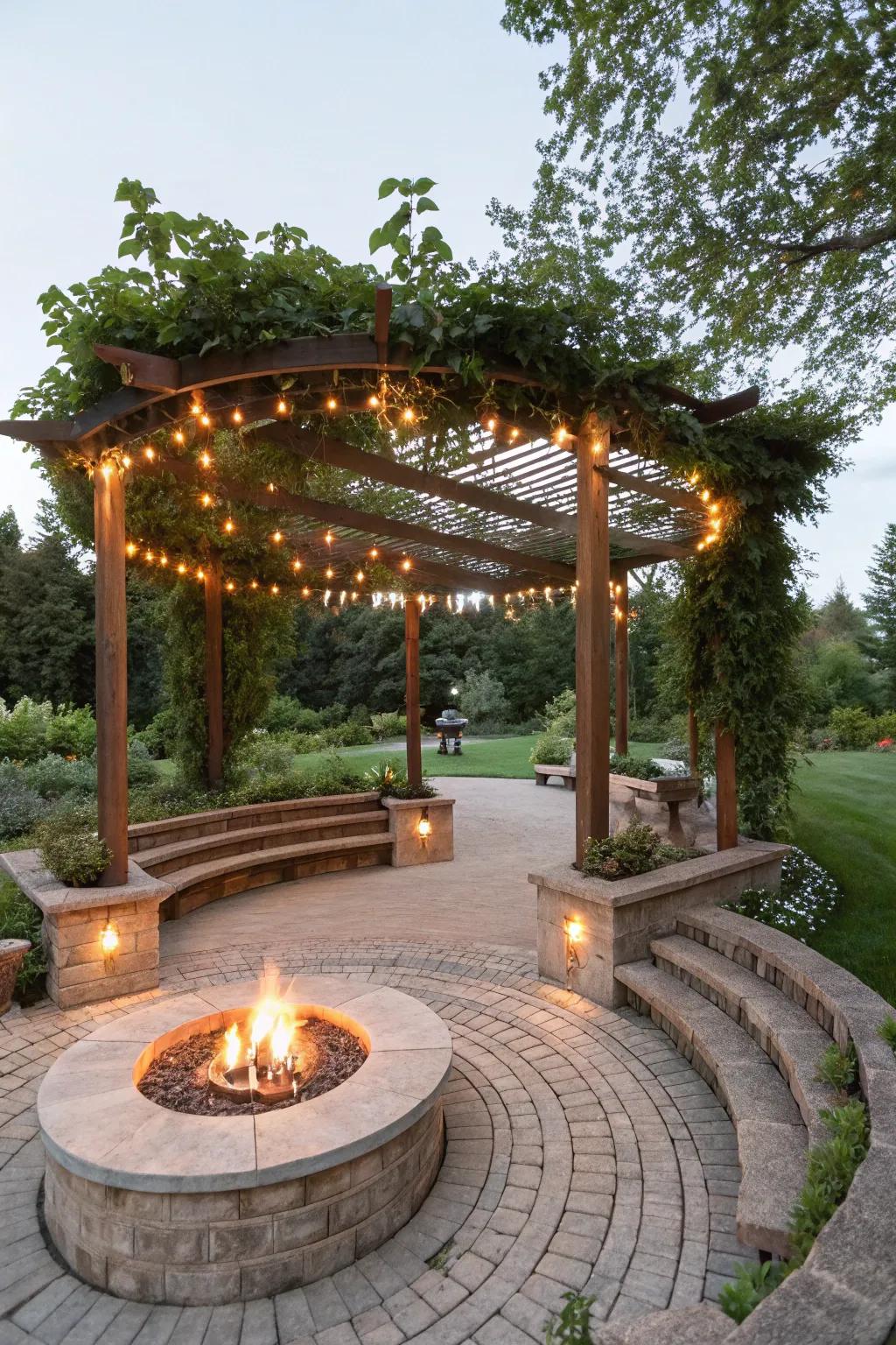 Introduce depth with a multi-tiered pergola and fire pit.