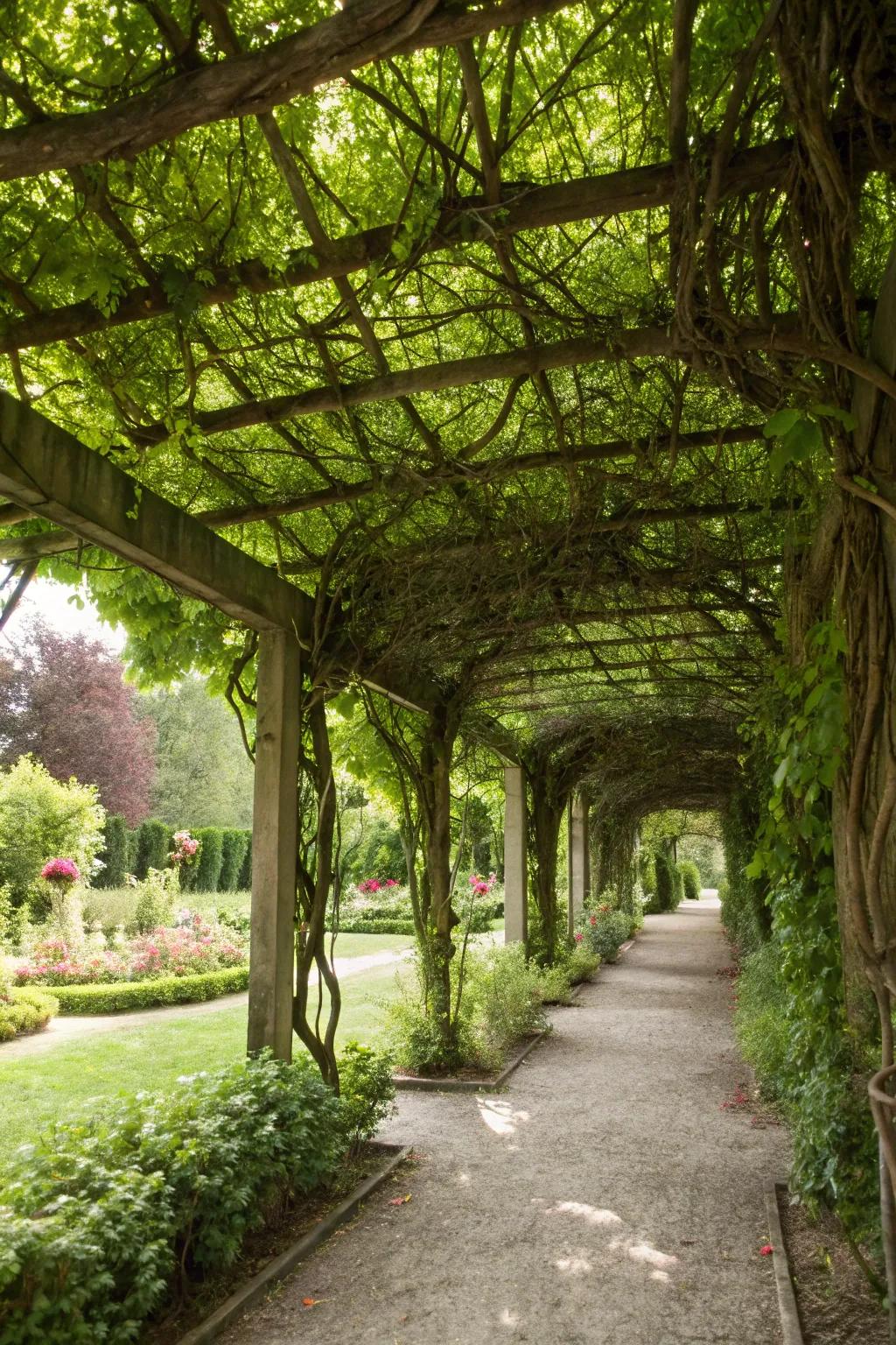 Vine-covered trellises combine visual appeal with practicality.