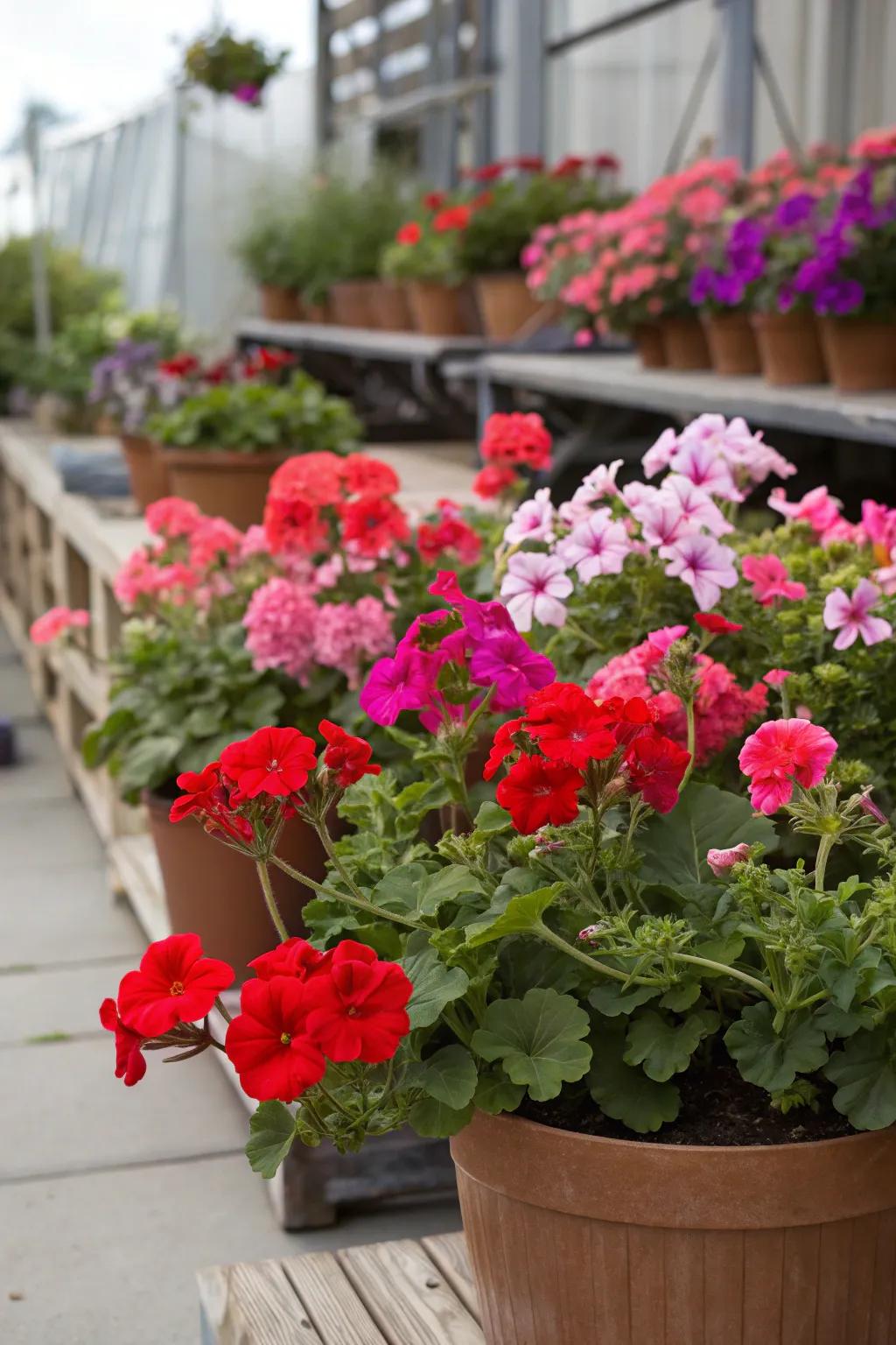 Scarletstars and petunias compose a spirited pairing in any potted garden.