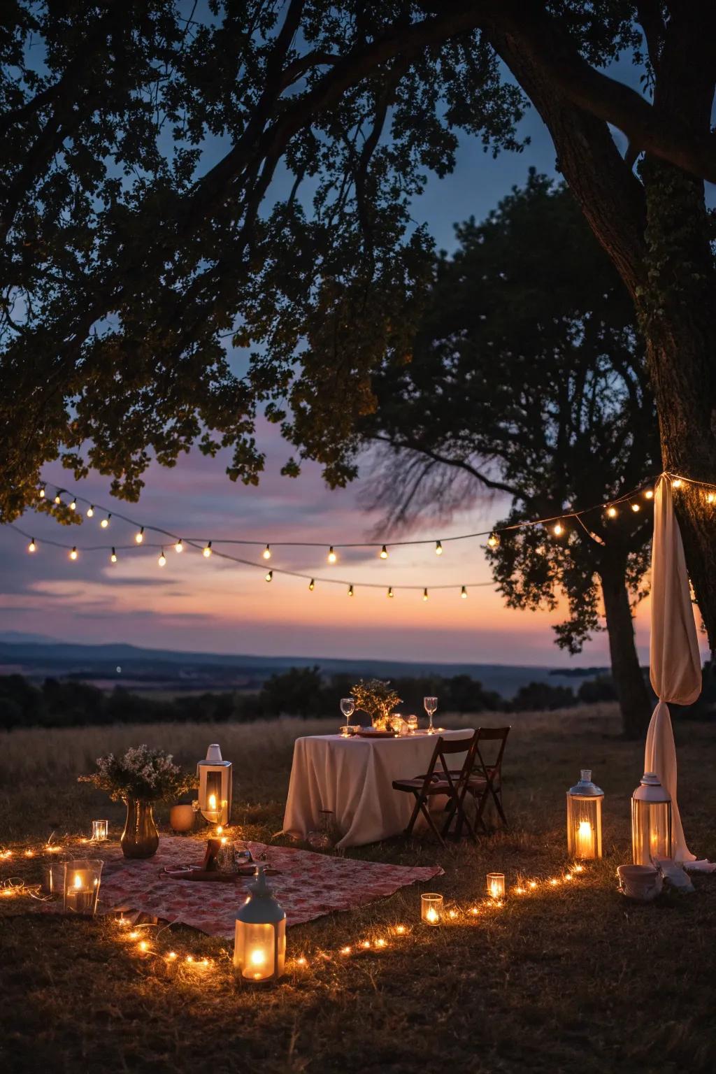Lights and candles produce a magical late-day picnic atmosphere.