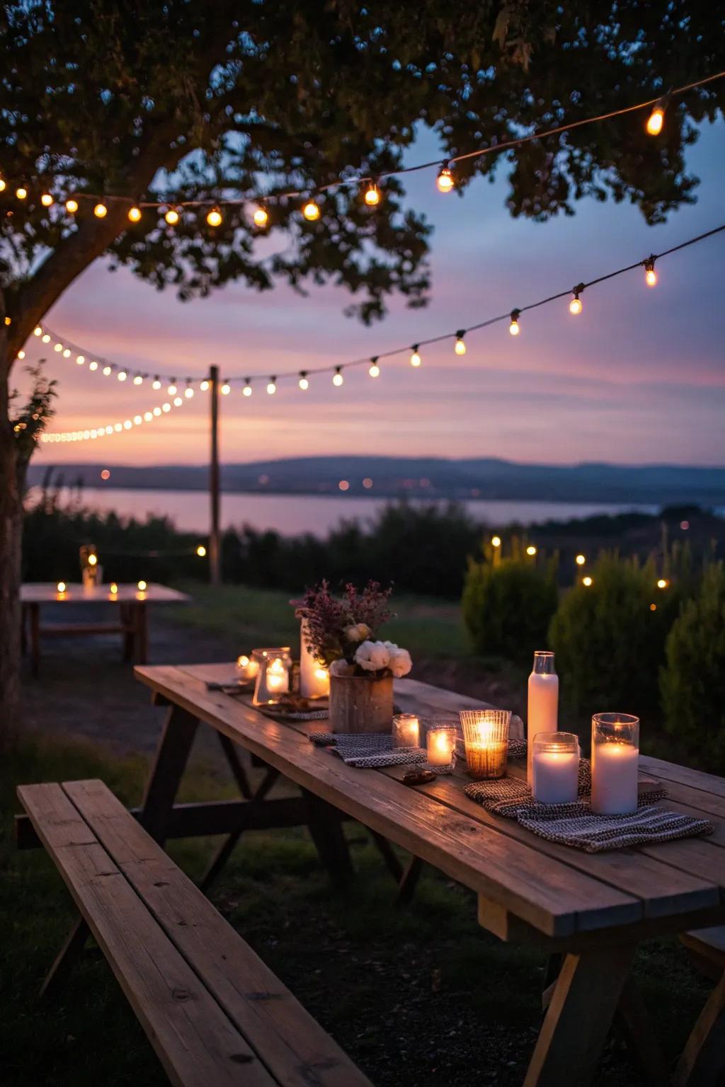 Candles combined with fairy lights create a warm and welcoming ambiance perfect for evening picnics.